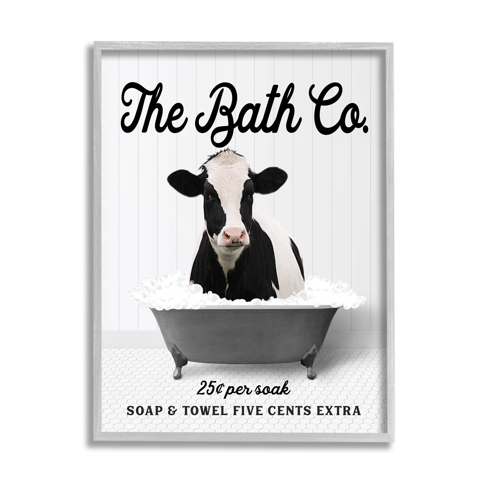 Stupell Industries Vintage Bathroom Cow Animals & Insects Painting Gray Framed Art Print Wall Art, 11 x 14
