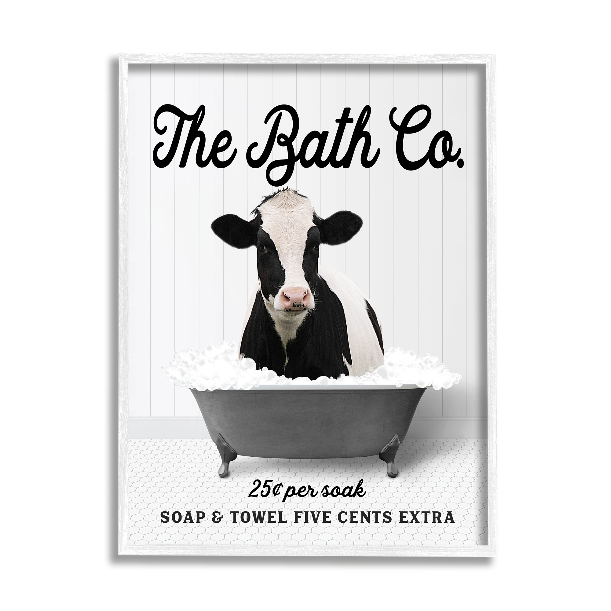 Stupell Industries Vintage Bathroom Cow Animals & Insects Painting White Framed Art Print Wall Art, 24 x 30