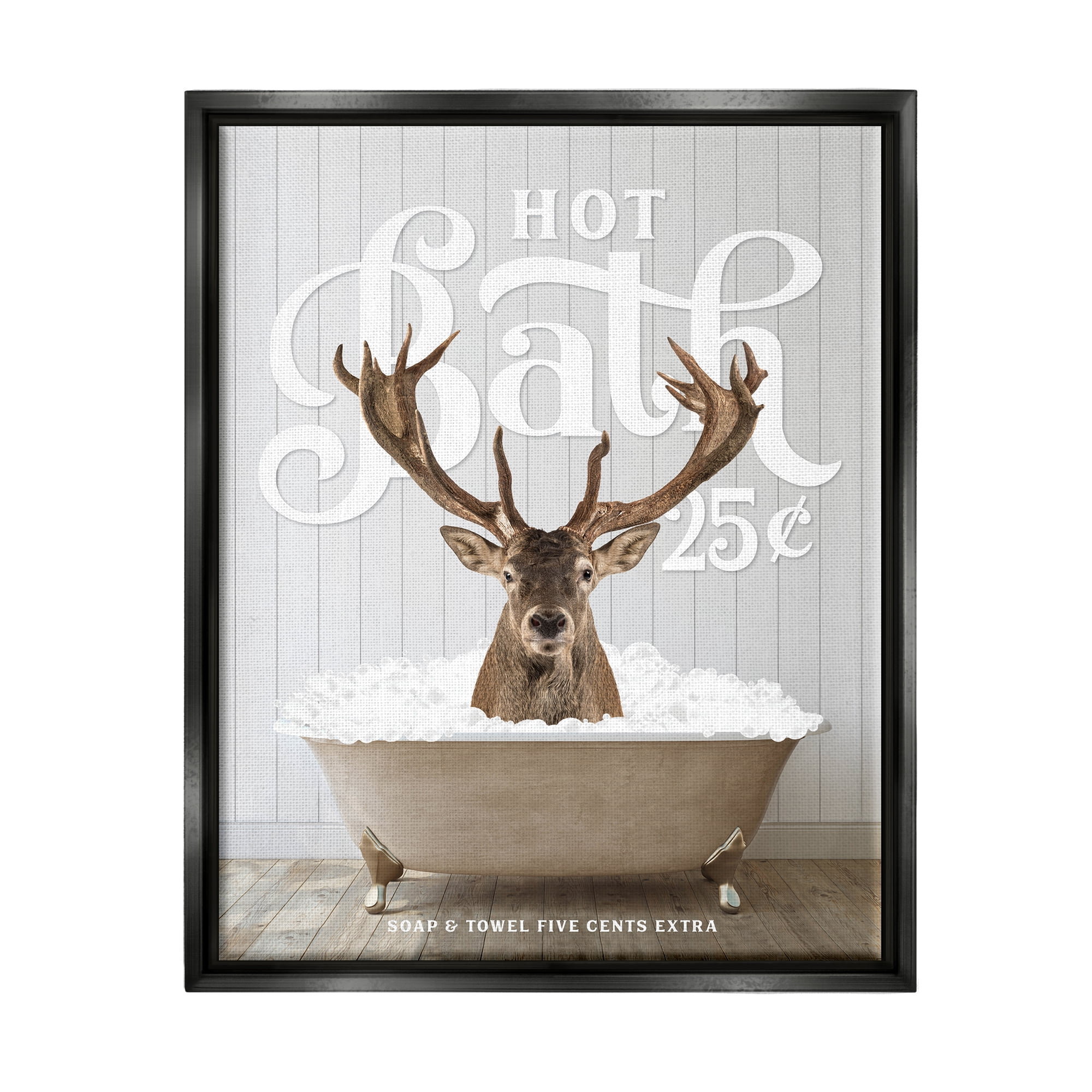 Stupell Industries Vintage Bathroom Deer Animals & Insects Painting Black Floater Framed Art Print Wall Art, 17 x 21