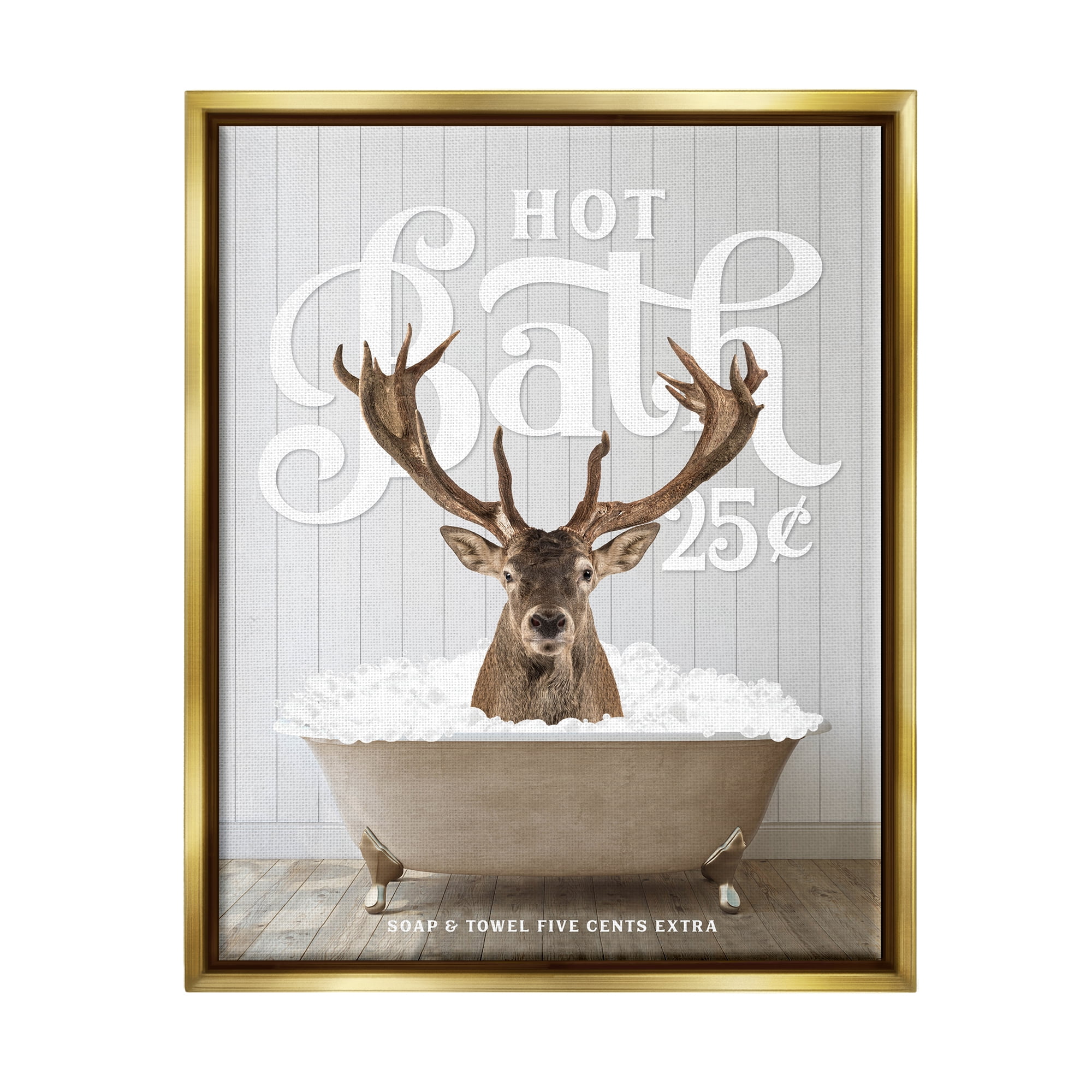 Stupell Industries Vintage Bathroom Deer Animals & Insects Painting Gold Floater Framed Art Print Wall Art, 17 x 21