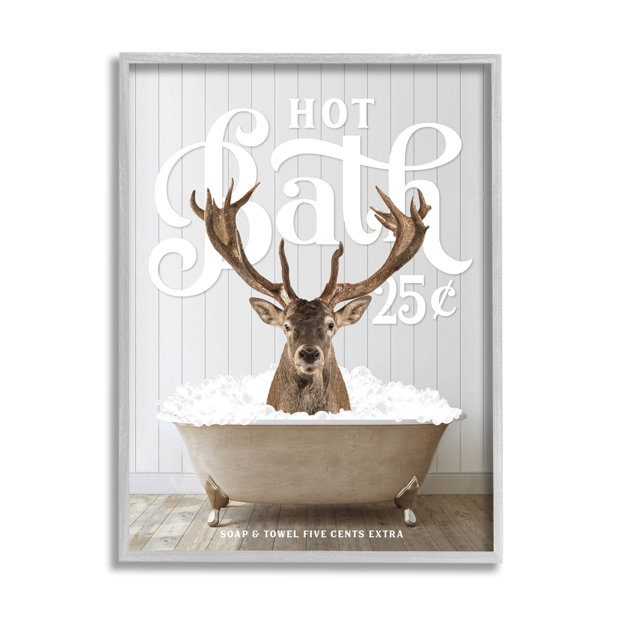 Stupell Industries Vintage Bathroom Deer Animals & Insects Painting Gray Framed Art Print Wall Art, 11 x 14