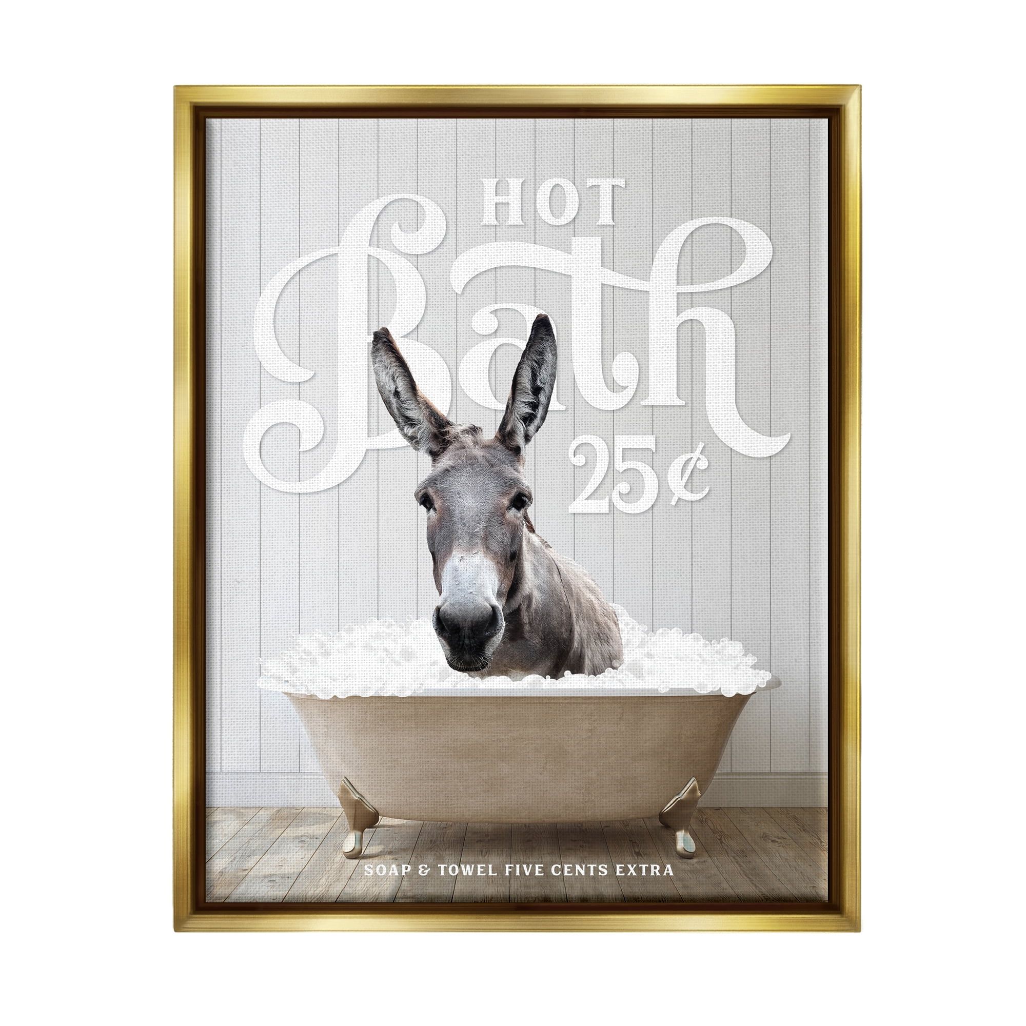 Stupell Industries Vintage Bathroom Donkey Animals & Insects Painting Gold Floater Framed Art Print Wall Art, 17 x 21