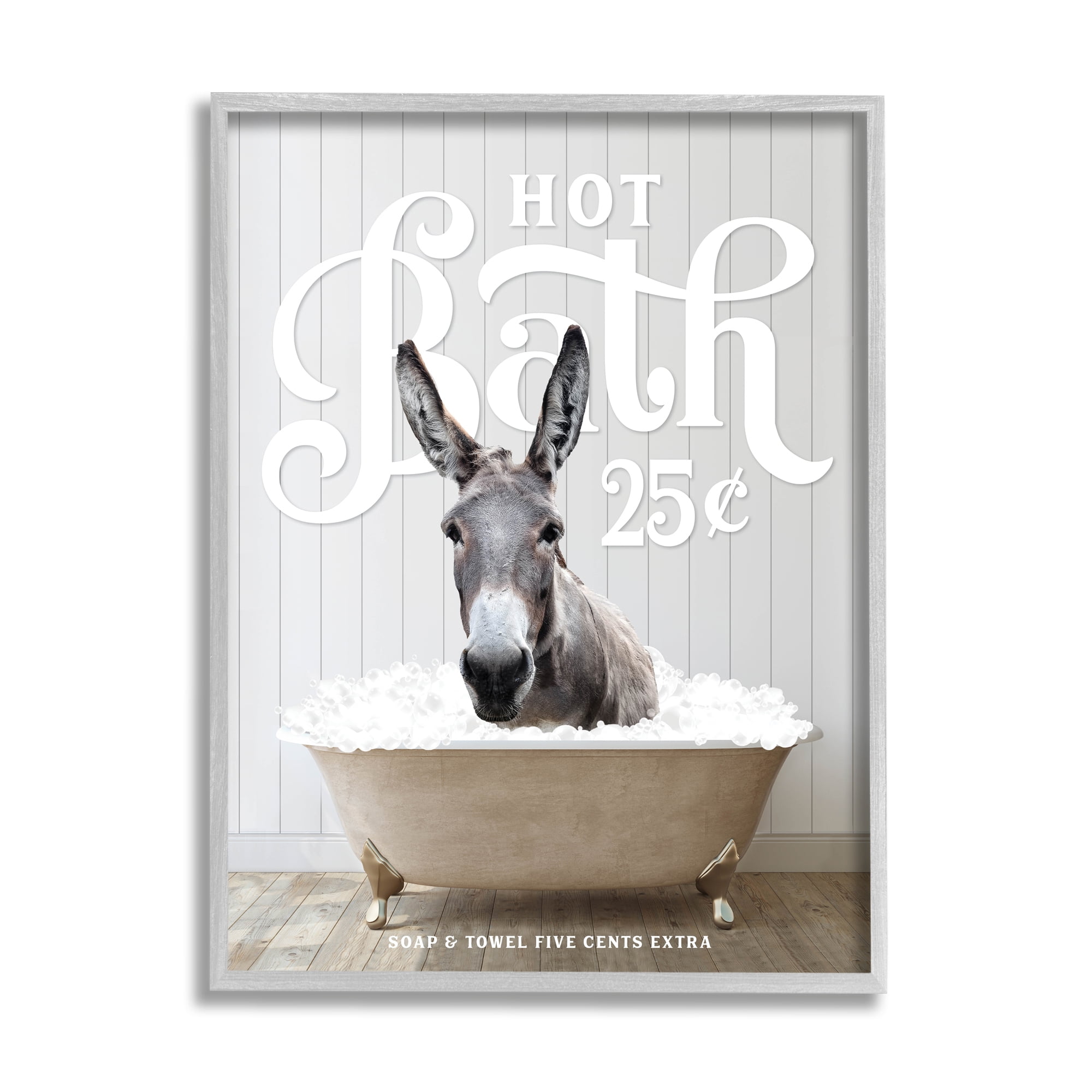 Stupell Industries Vintage Bathroom Donkey Animals & Insects Painting Gray Framed Art Print Wall Art, 24 x 30