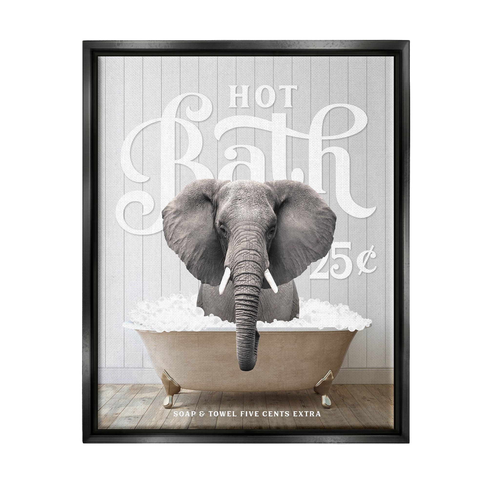 Stupell Industries Vintage Bathroom Elephant Animals & Insects Painting Black Floater Framed Art Print Wall Art, 25 x 31