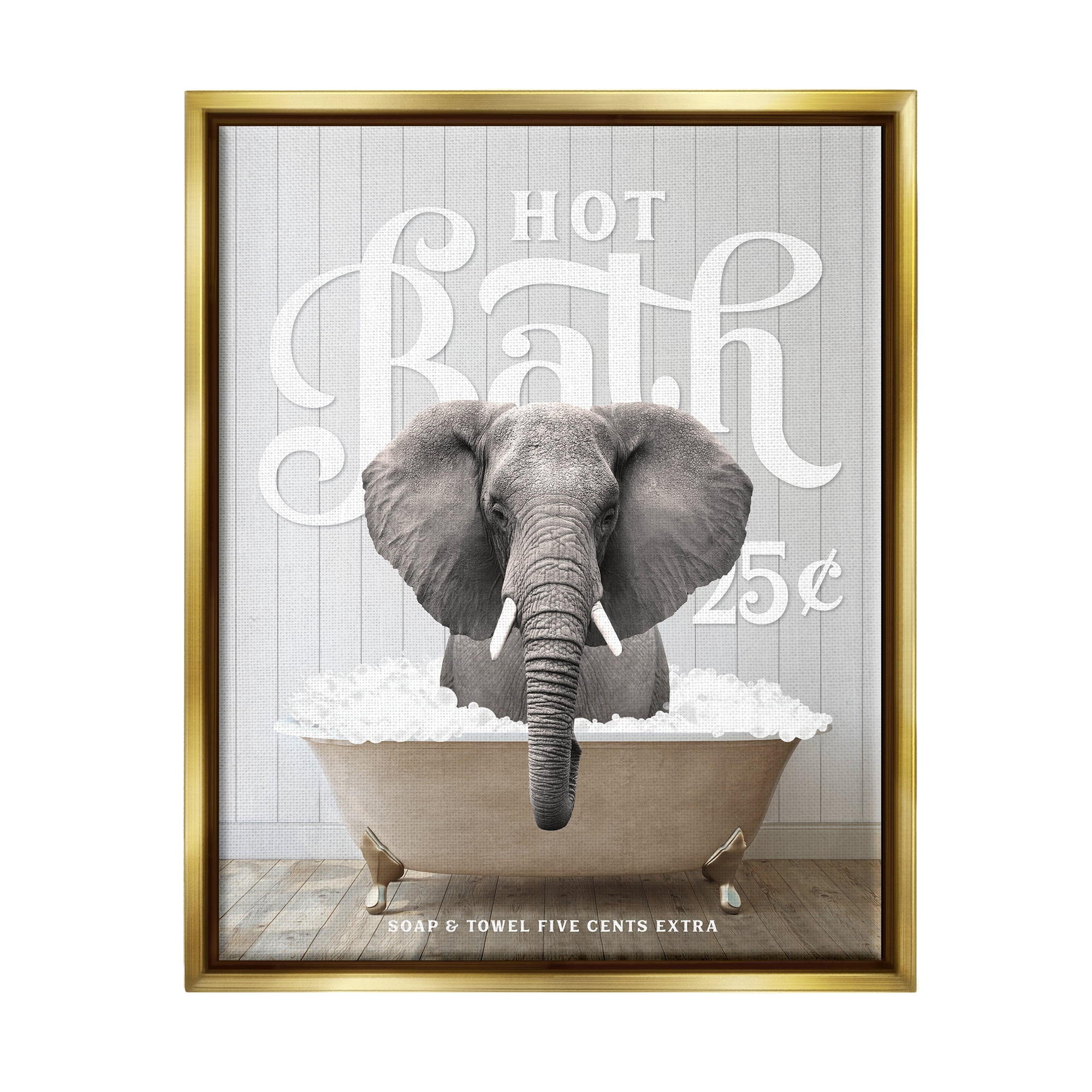 Stupell Industries Vintage Bathroom Elephant Animals & Insects Painting Gold Floater Framed Art Print Wall Art, 17 x 21