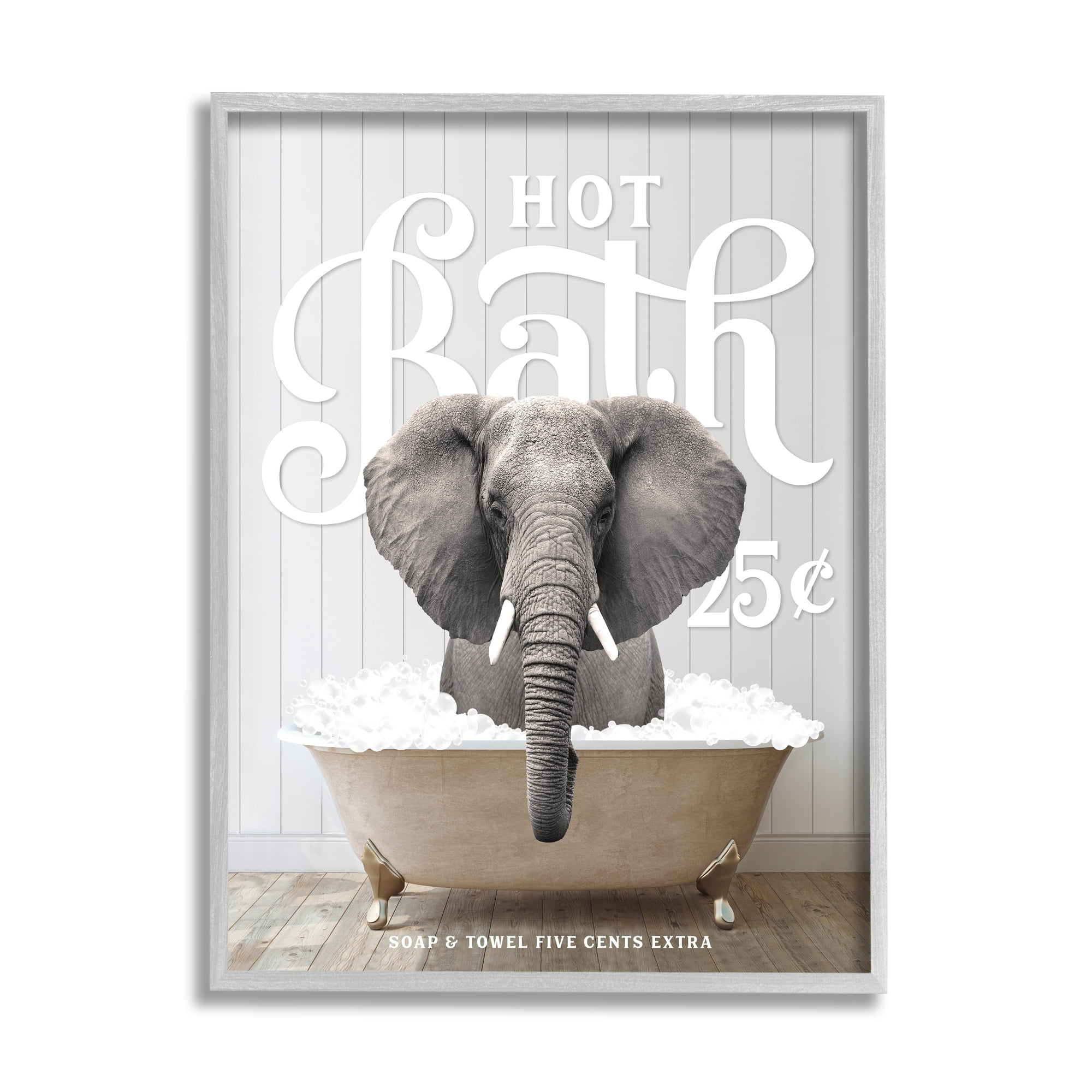 Stupell Industries Vintage Bathroom Elephant Animals & Insects Painting Gray Framed Art Print Wall Art, 11 x 14