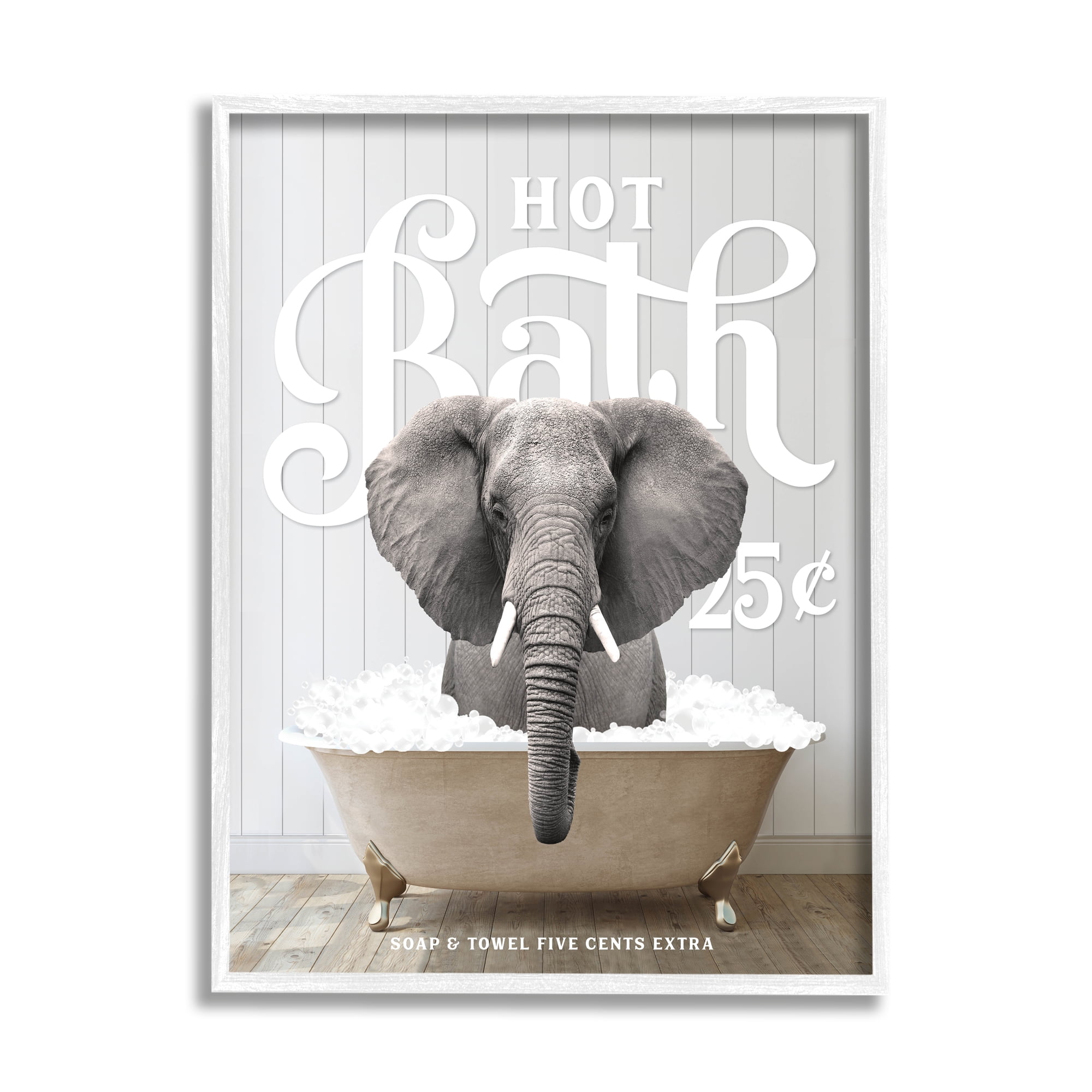 Stupell Industries Vintage Bathroom Elephant Animals & Insects Painting White Framed Art Print Wall Art, 11 x 14