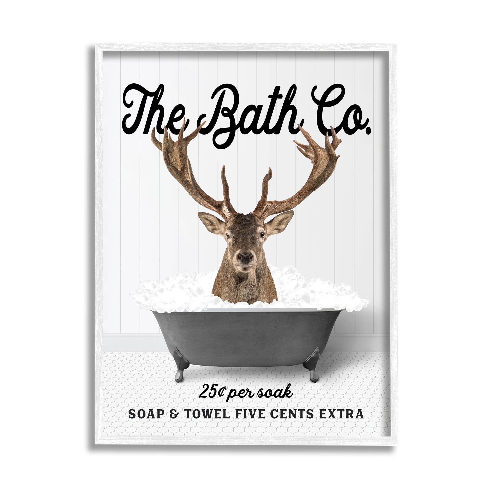 Stupell Industries Vintage Bathroom Elk Animals & Insects Painting White Framed Art Print Wall Art, 11 x 14
