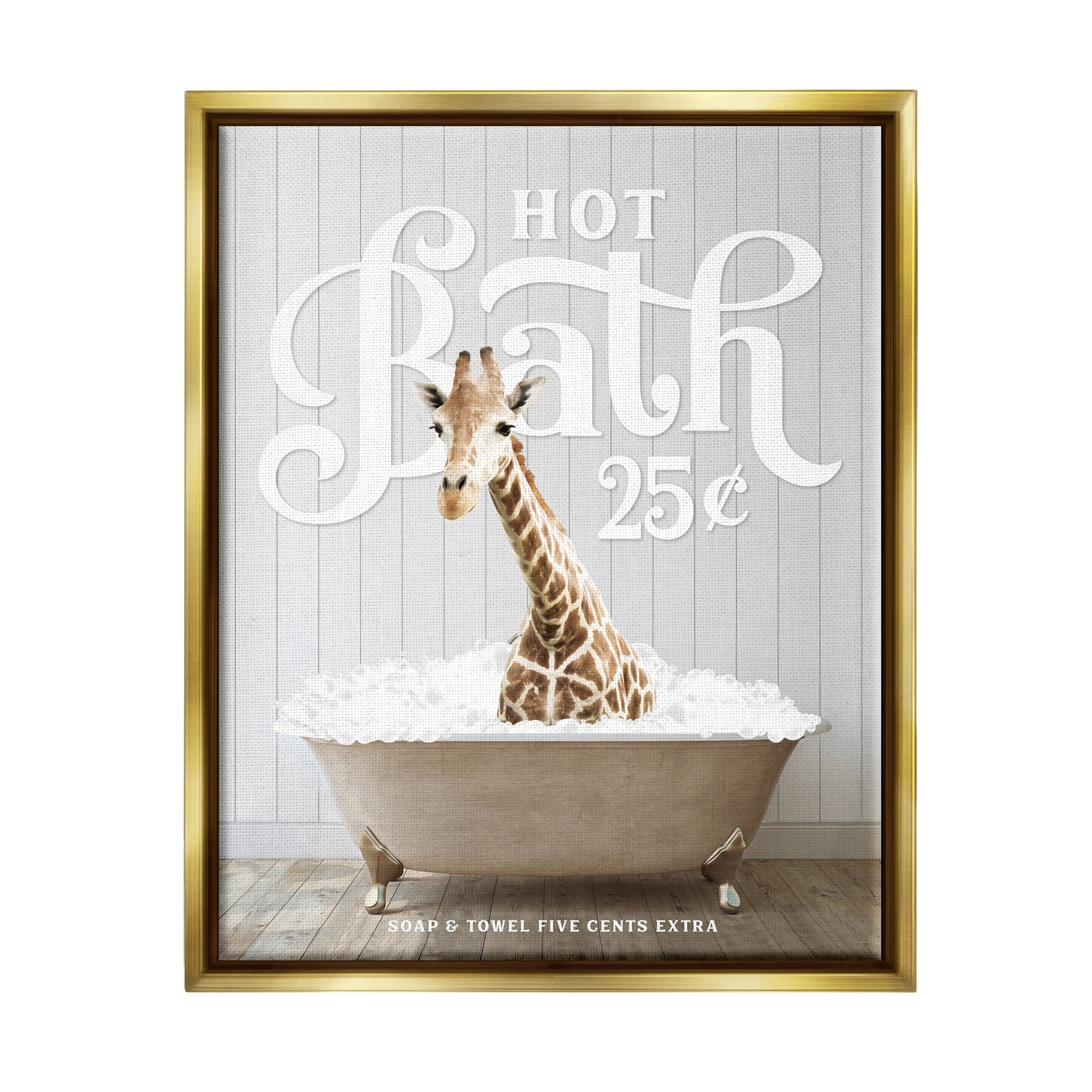 Stupell Industries Vintage Bathroom Giraffe Animals & Insects Painting Gold Floater Framed Art Print Wall Art, 17 x 21
