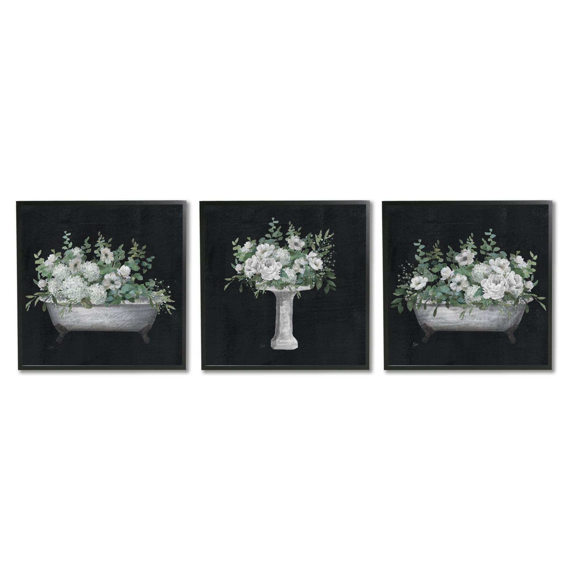 Stupell Industries Vintage Bathroom Hydrangeas Botanical & Floral Painting Black Framed Art Print Wall Art, 12 x 12, Set of 3