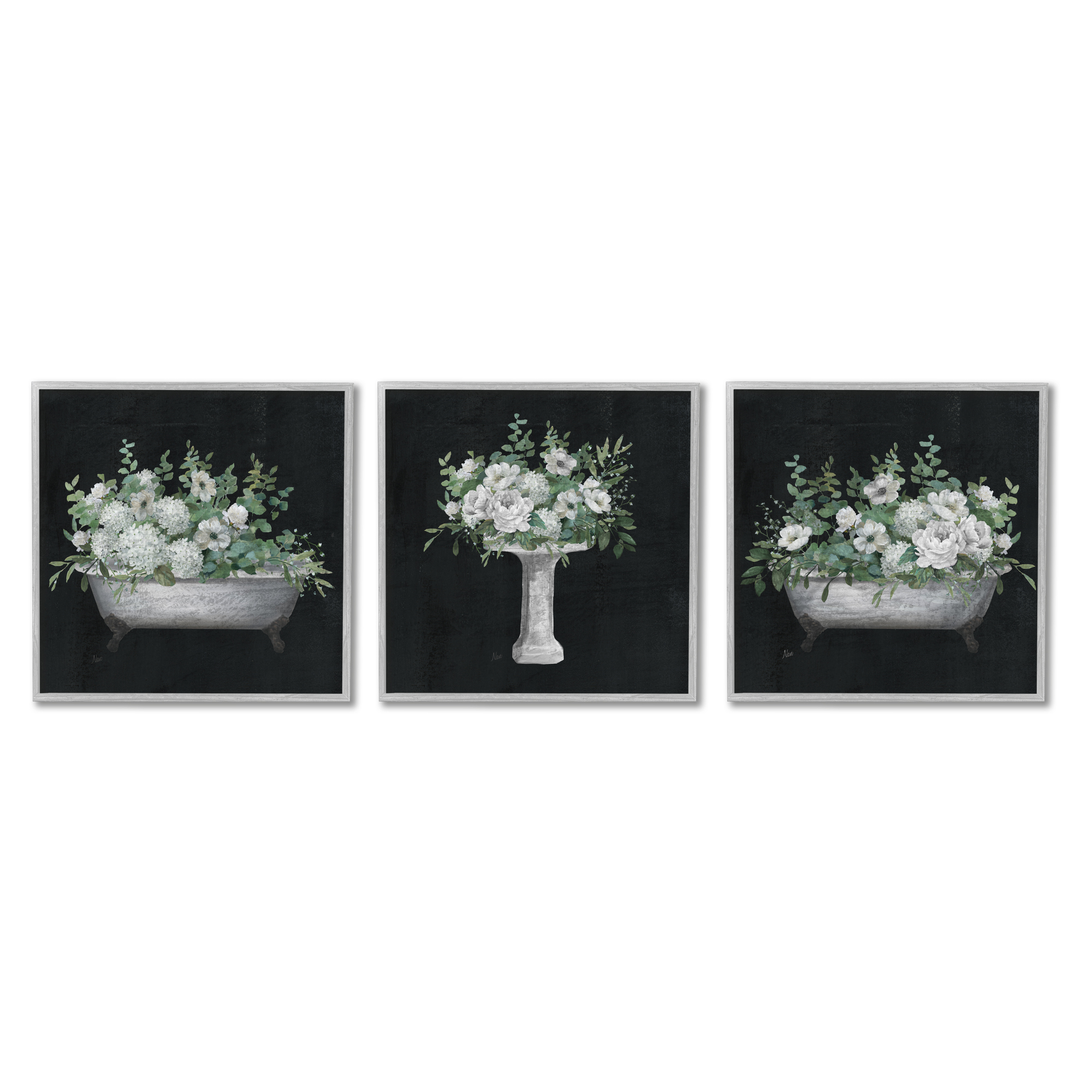 Stupell Industries Vintage Bathroom Hydrangeas Botanical & Floral Painting Gray Framed Art Print Wall Art, 12 x 12, Set of 3