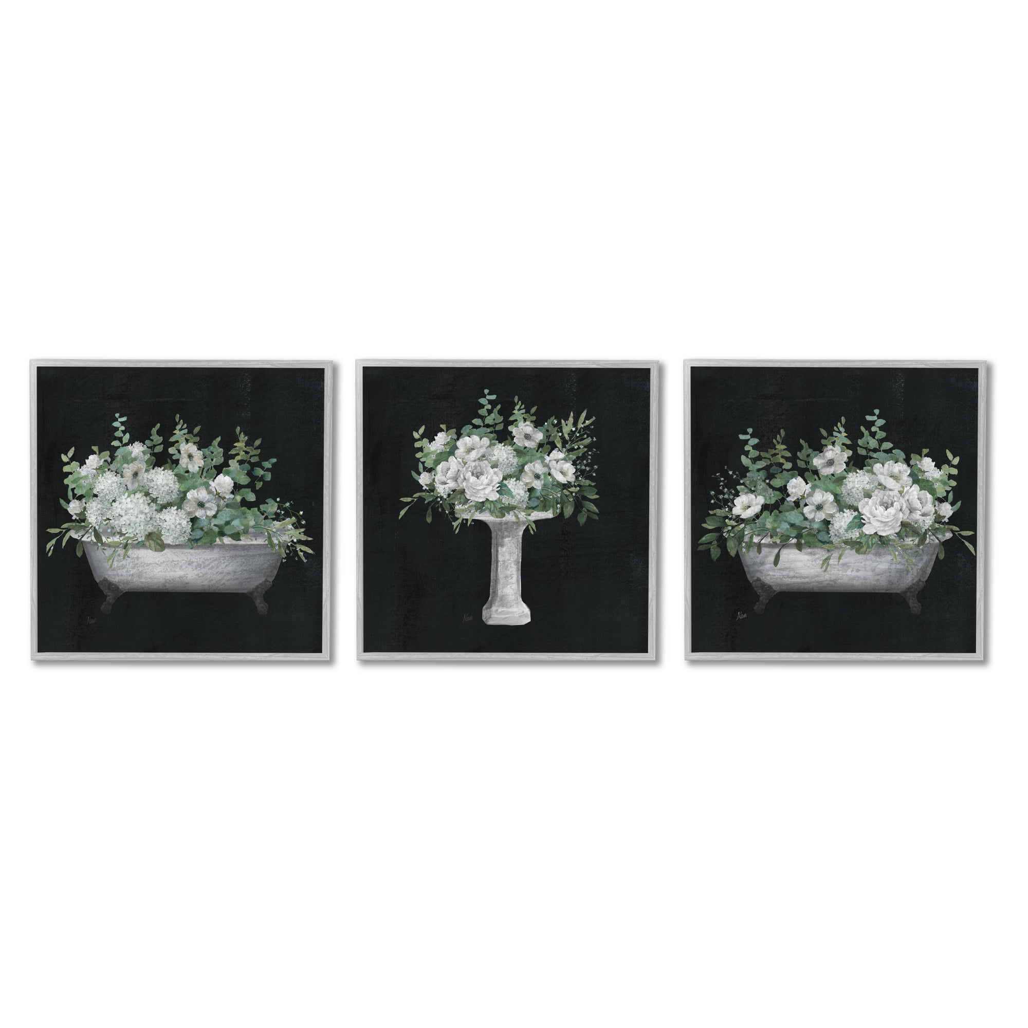 Stupell Industries Vintage Bathroom Hydrangeas Botanical & Floral Painting Gray Framed Art Print Wall Art, 17 x 17, Set of 3