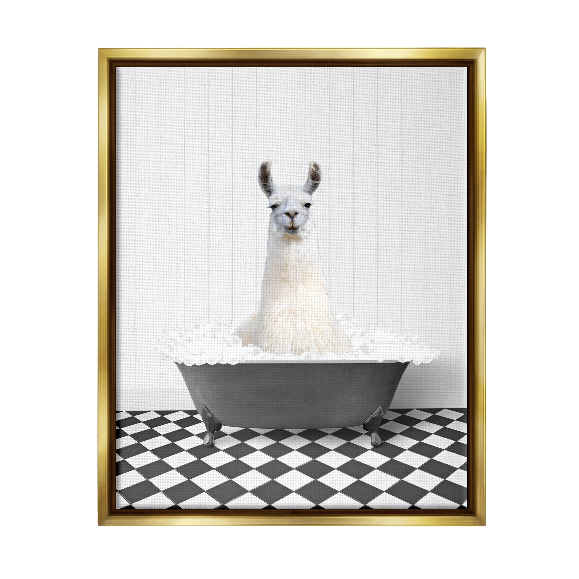 Stupell Industries Vintage Bathroom Llama Animals & Insects Painting Gold Floater Framed Art Print Wall Art, 17 x 21