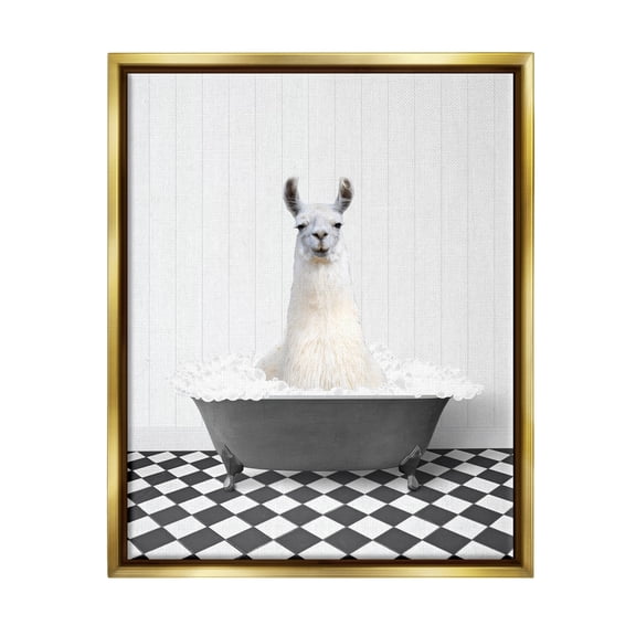 Stupell Industries Vintage Bathroom Llama Animals & Insects Painting Gold Floater Framed Art Print Wall Art, 25 x 31