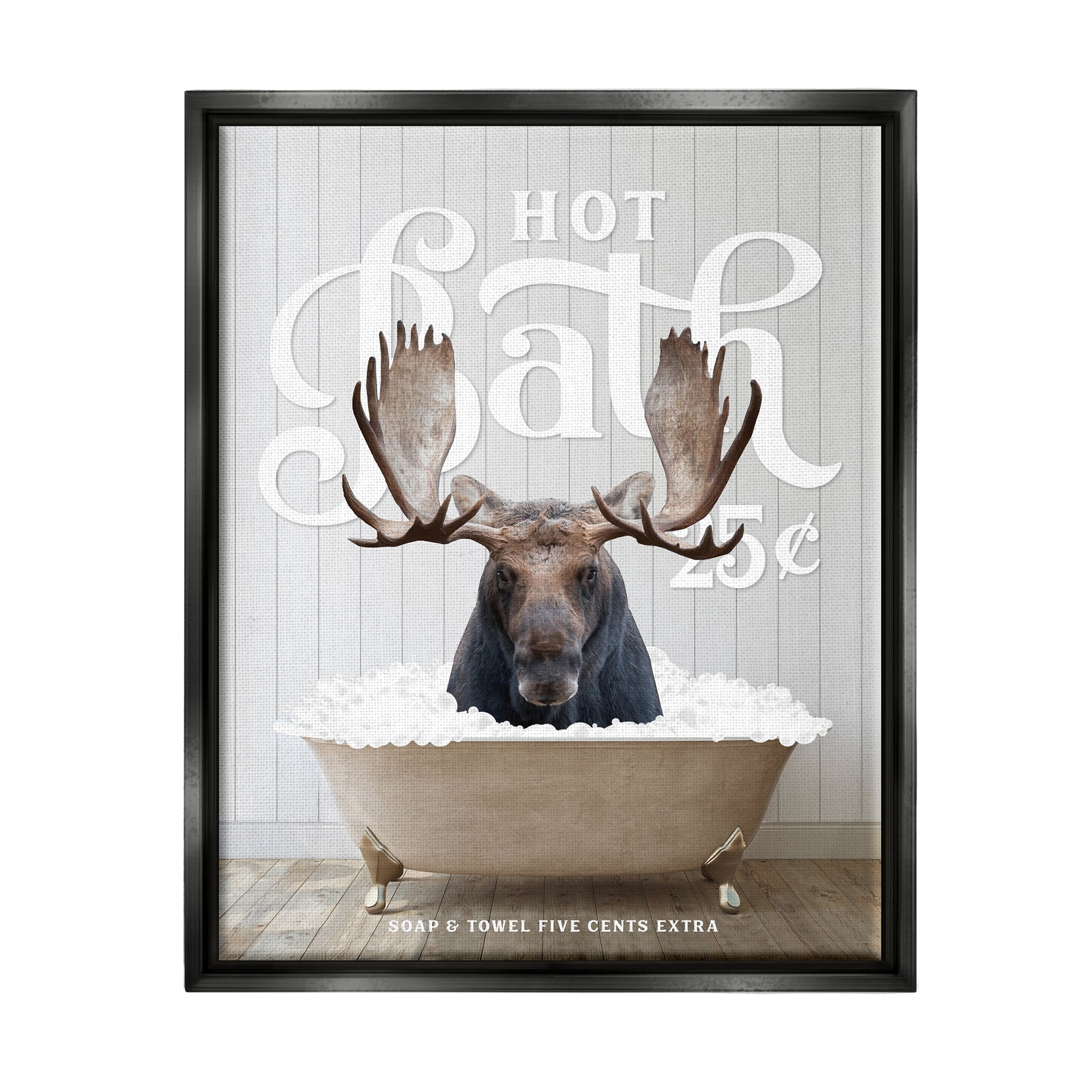 Stupell Industries Vintage Bathroom Moose Ad Animals & Insects Painting Black Floater Framed Art Print Wall Art, 25 x 31