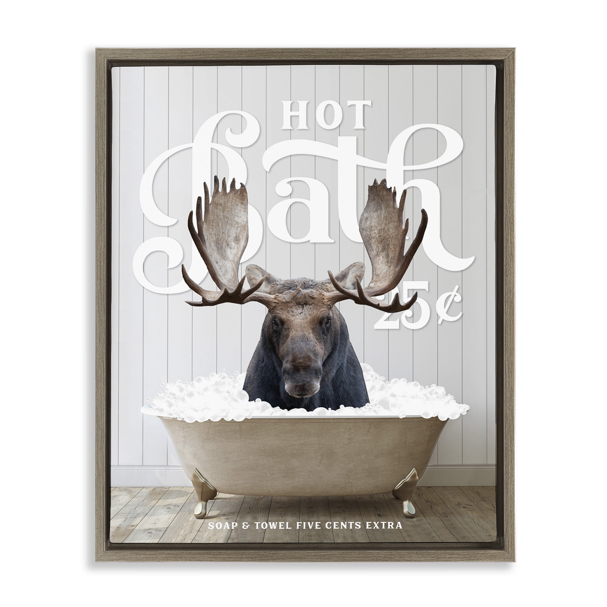 Stupell Industries Vintage Bathroom Moose Ad Animals & Insects Painting Brown Floater Framed Canvas Art Print Wall Art, 25 x 31