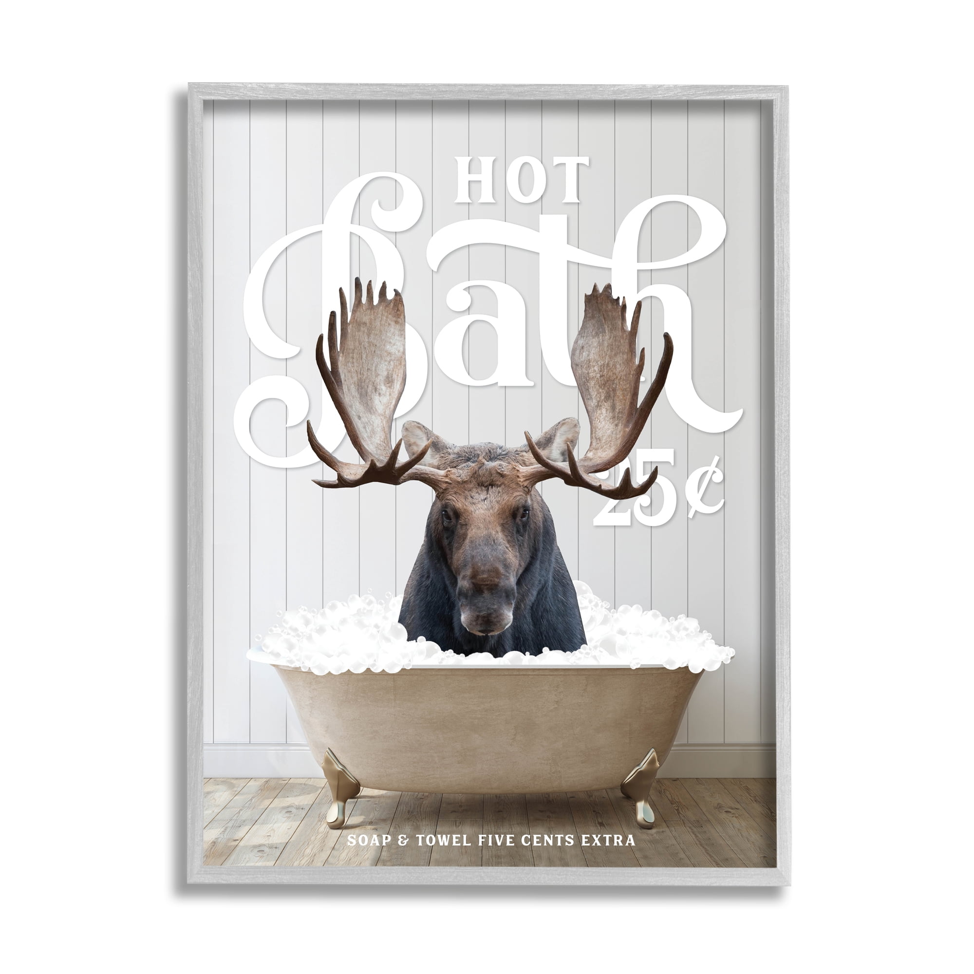 Stupell Industries Vintage Bathroom Moose Ad Animals & Insects Painting Gray Framed Art Print Wall Art, 24 x 30