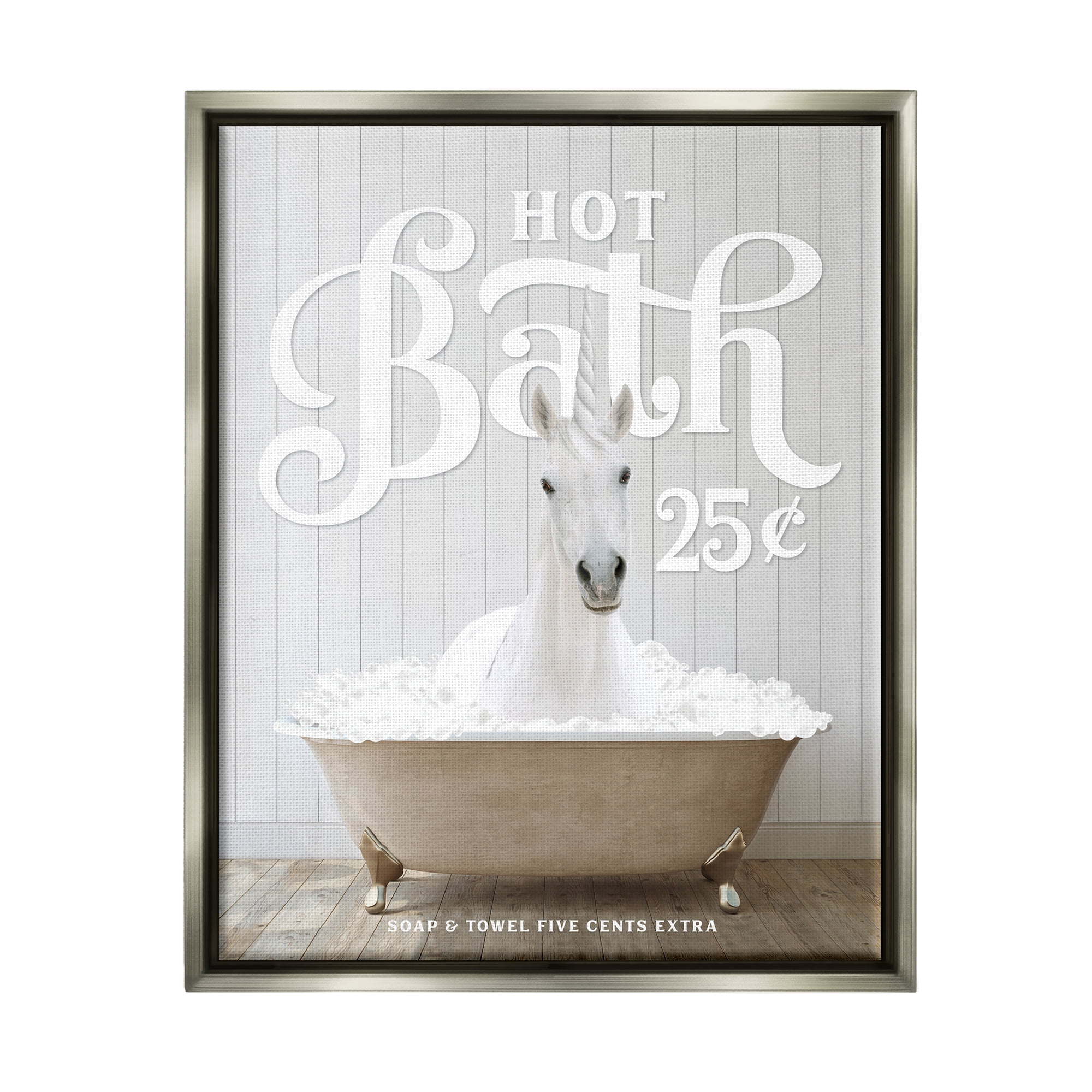 Stupell Industries Vintage Bathroom Unicorn Animals & Insects Painting Gray Floater Framed Art Print Wall Art, 25 x 31