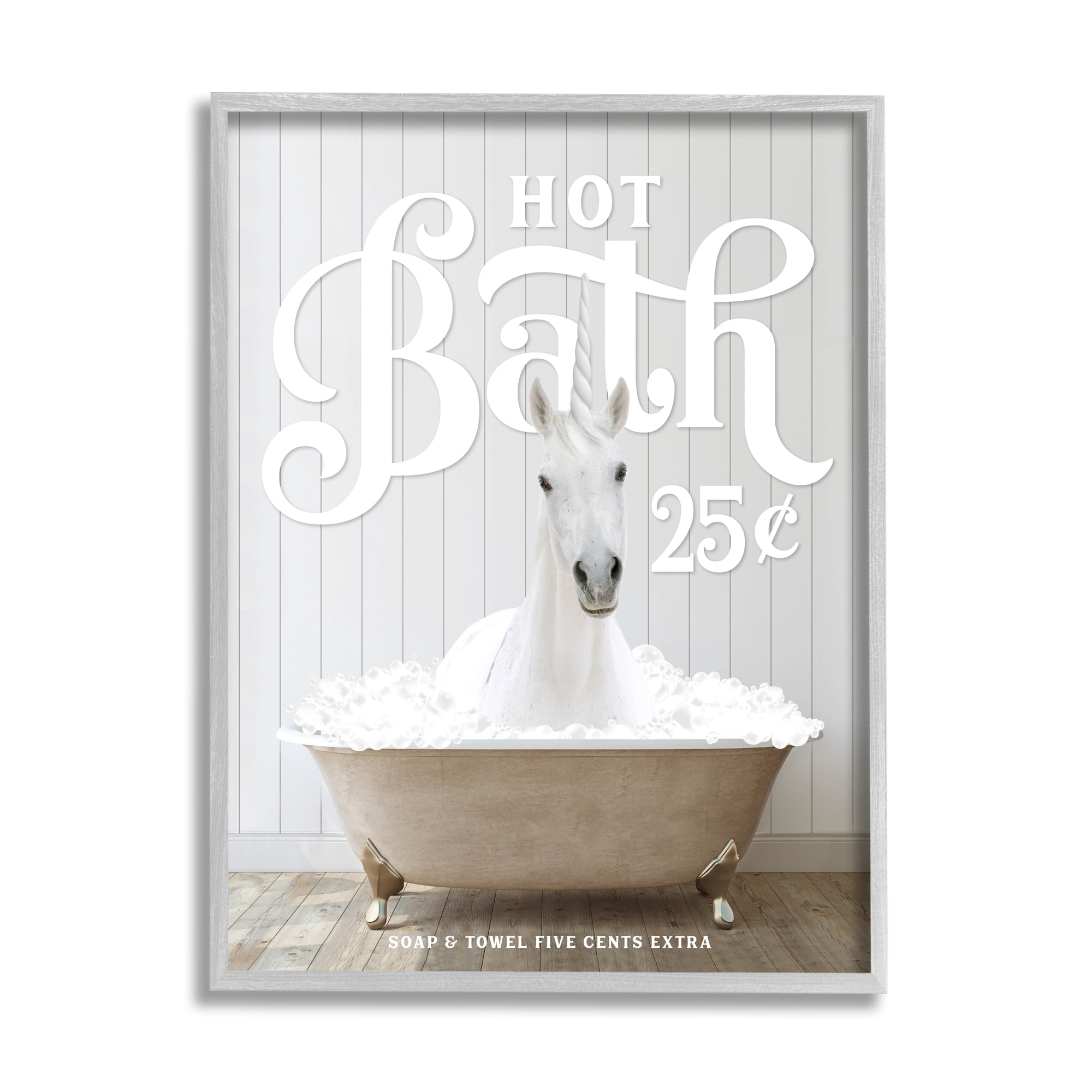 Stupell Industries Vintage Bathroom Unicorn Animals & Insects Painting Gray Framed Art Print Wall Art, 11 x 14