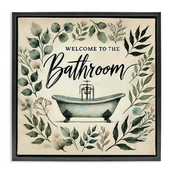 Stupell Industries Vintage Bathroom Welcome Black Framed Floater Canvas Wall Art design by Erin Clark, 18 x 18