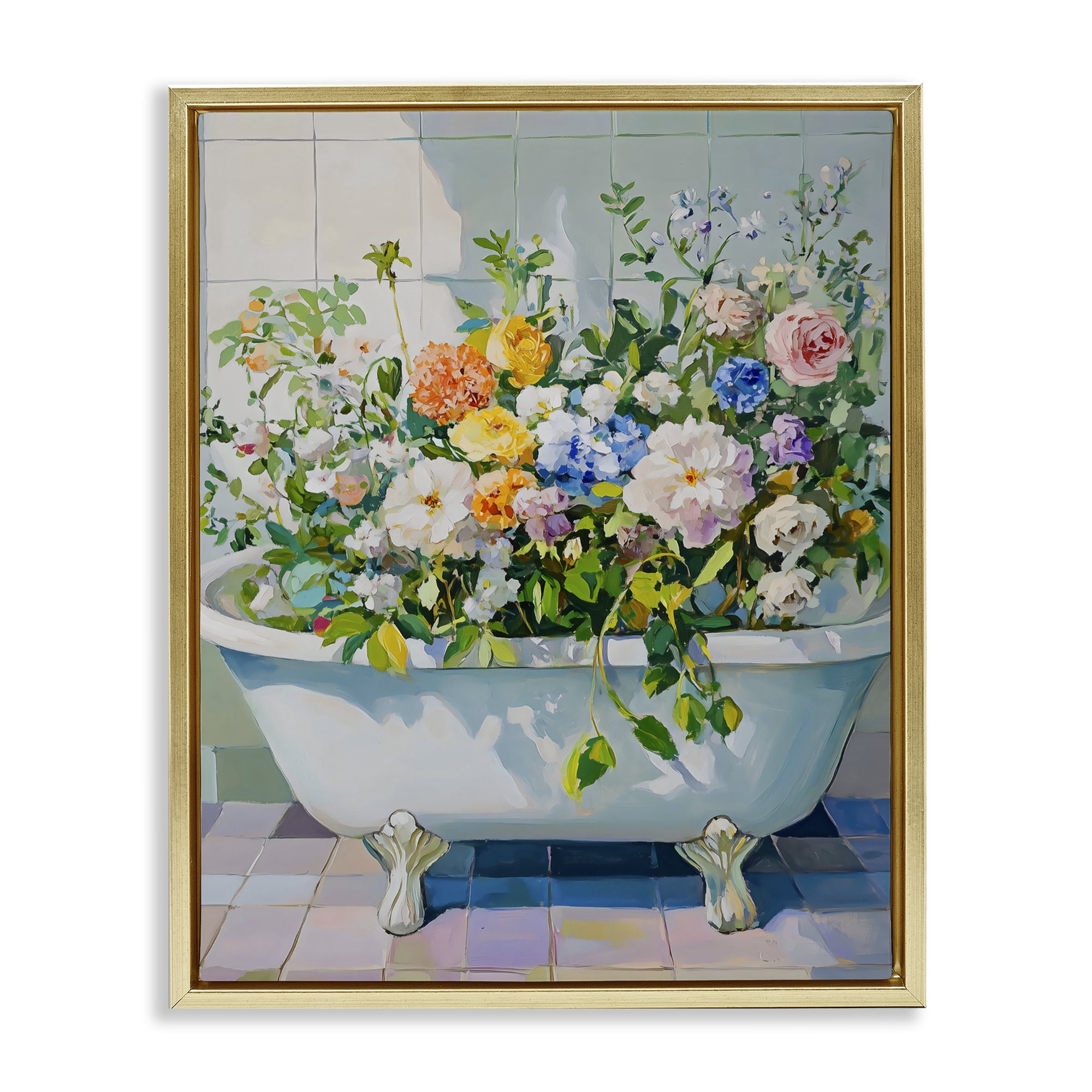 Stupell Industries Vintage Bathtub Bouquet Overgrowth Gold Framed Floater Canvas Wall Art, design by The Prints Vibe