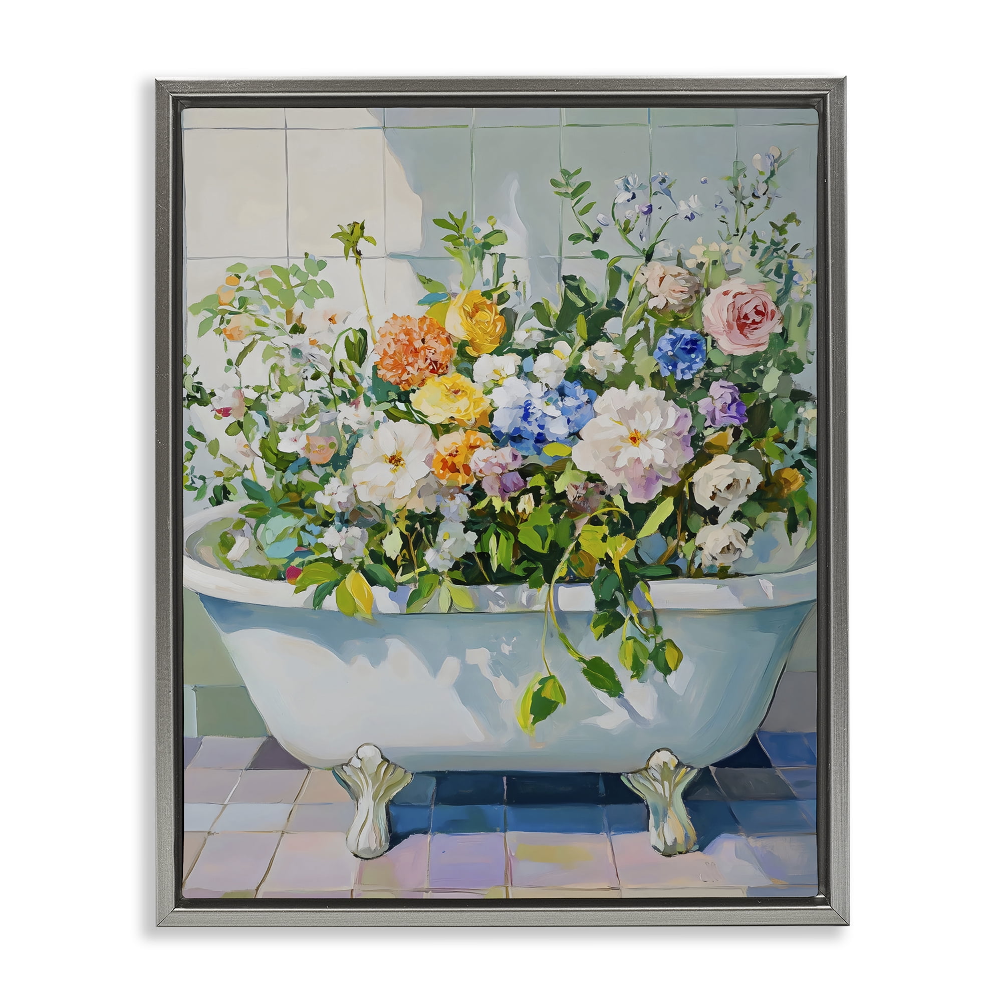 Stupell Industries Vintage Bathtub Bouquet Overgrowth Gray Framed Floater Canvas Wall Art, design by The Prints Vibe