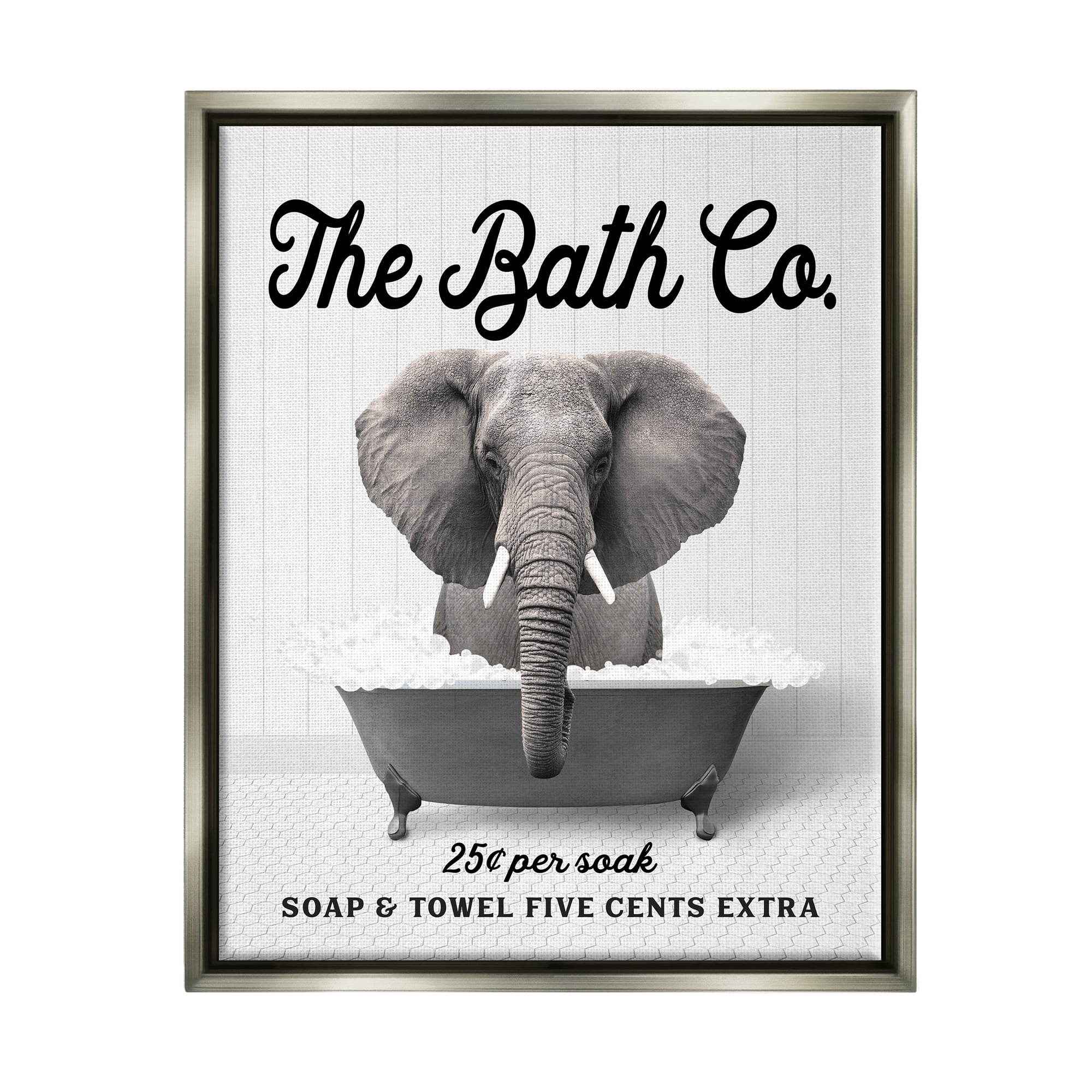 Stupell Industries Vintage Bathtub Elephant Animals & Insects Painting Gray Floater Framed Art Print Wall Art, 17 x 21