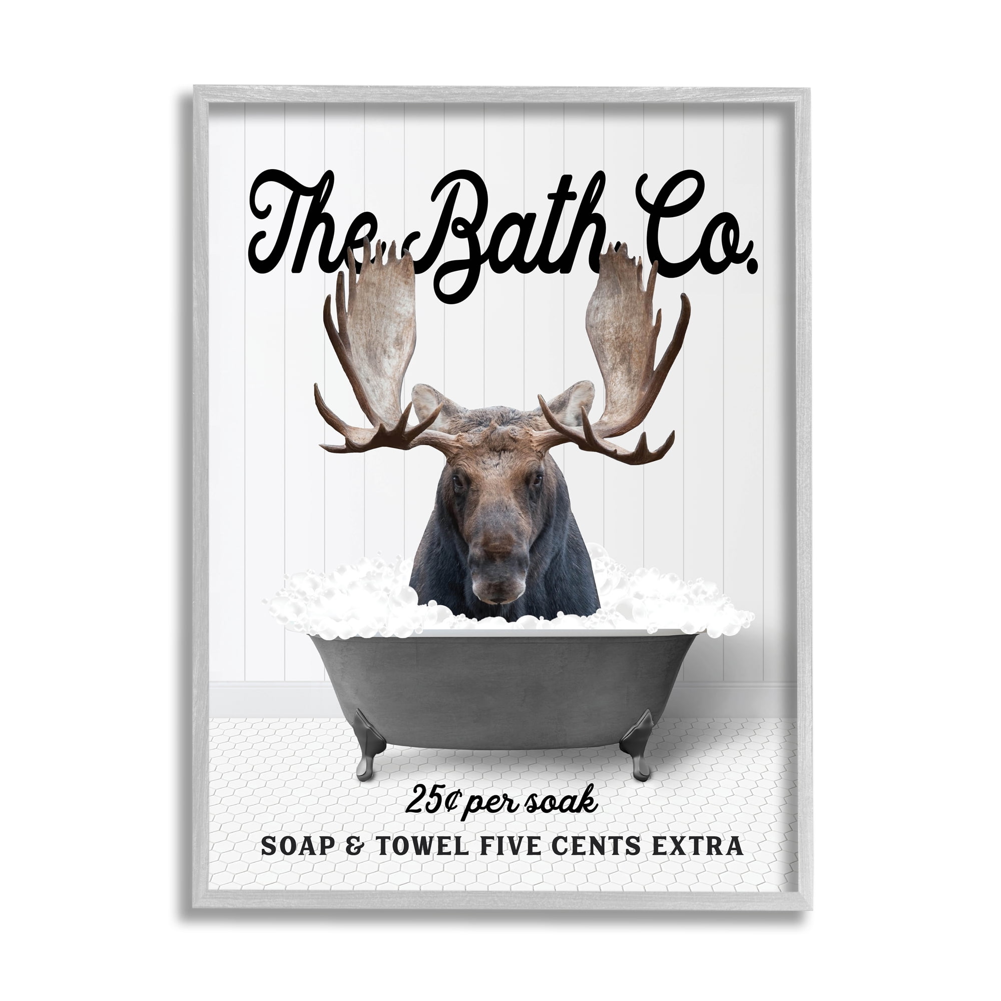 Stupell Industries Vintage Bathtub Moose Animals & Insects Painting Gray Framed Art Print Wall Art, 11 x 14