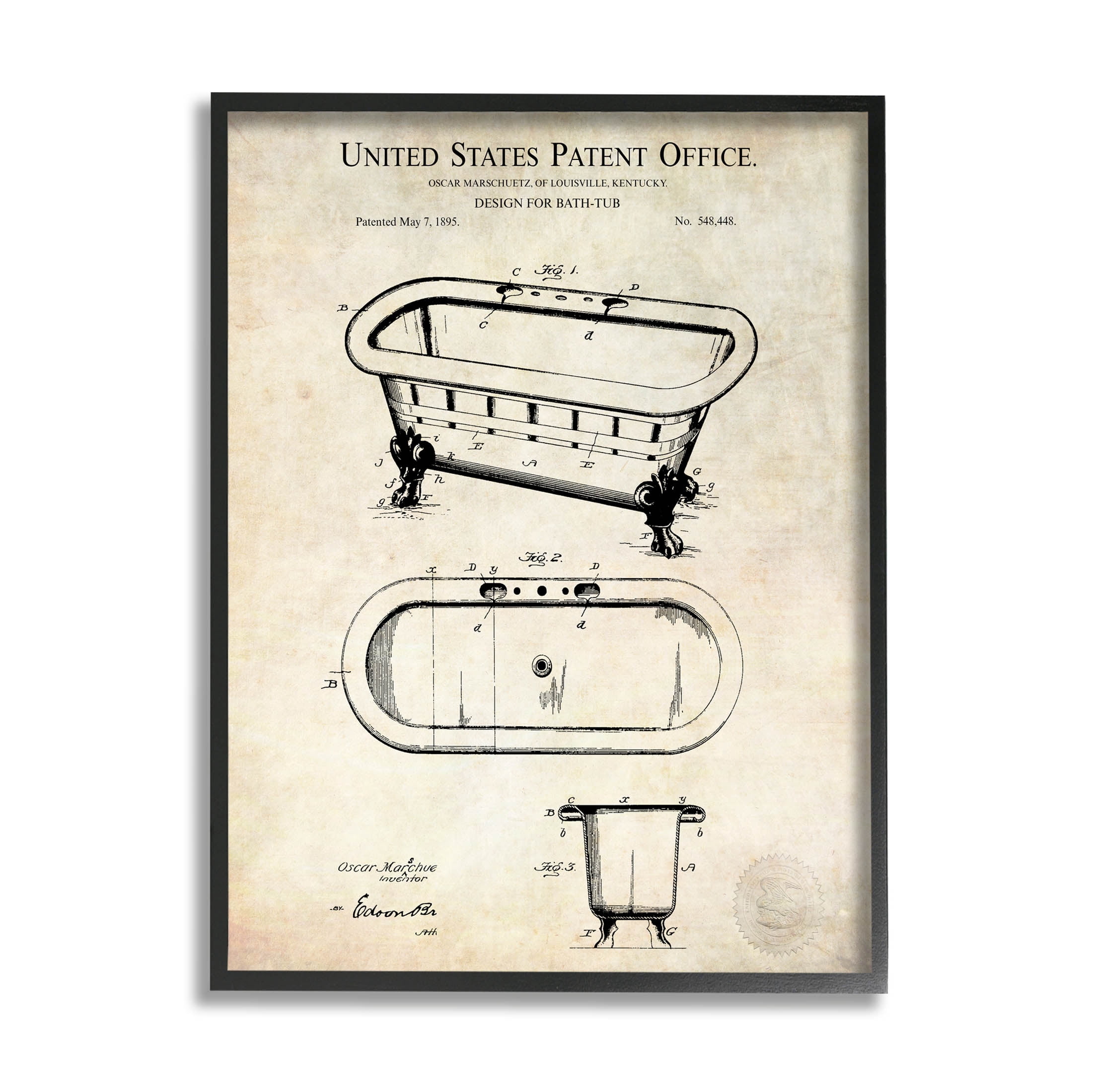 Stupell Industries Vintage Bathtub Patent Diagram Graphic Art Black Framed Art Print Wall Art, Design by Karl Hronek