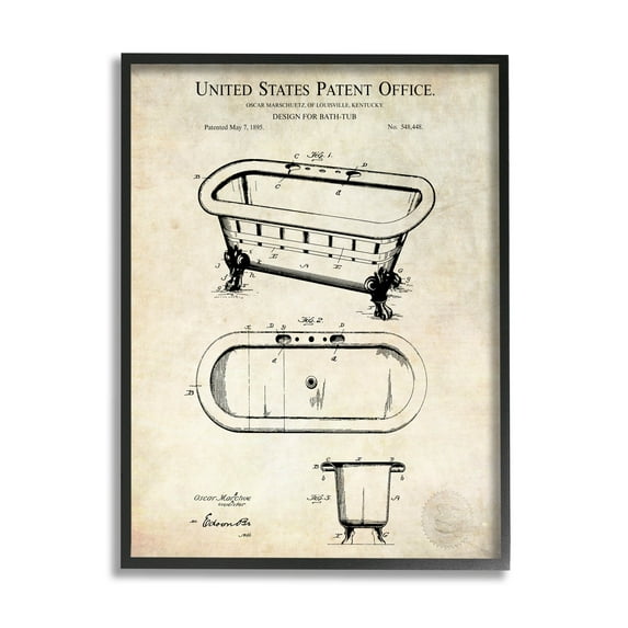 Stupell Industries Vintage Bathtub Patent Diagram Graphic Art Black Framed Art Print Wall Art, Design by Karl Hronek