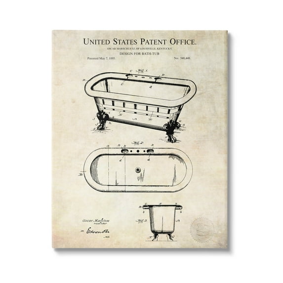 Stupell Industries Vintage Bathtub Patent Diagram Graphic Art Gallery Wrapped Canvas Print Wall Art, Design by Karl Hronek