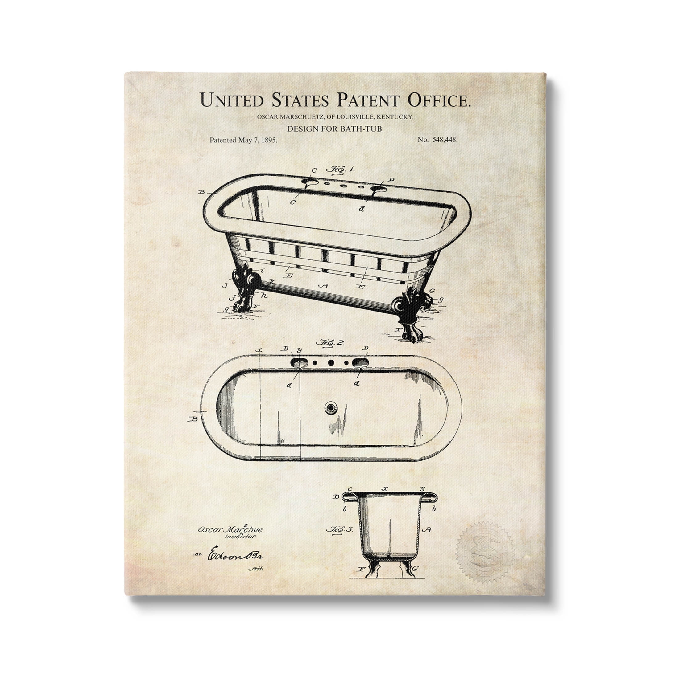 Stupell Industries Vintage Bathtub Patent Diagram Graphic Art Gallery Wrapped Canvas Print Wall Art, Design by Karl Hronek