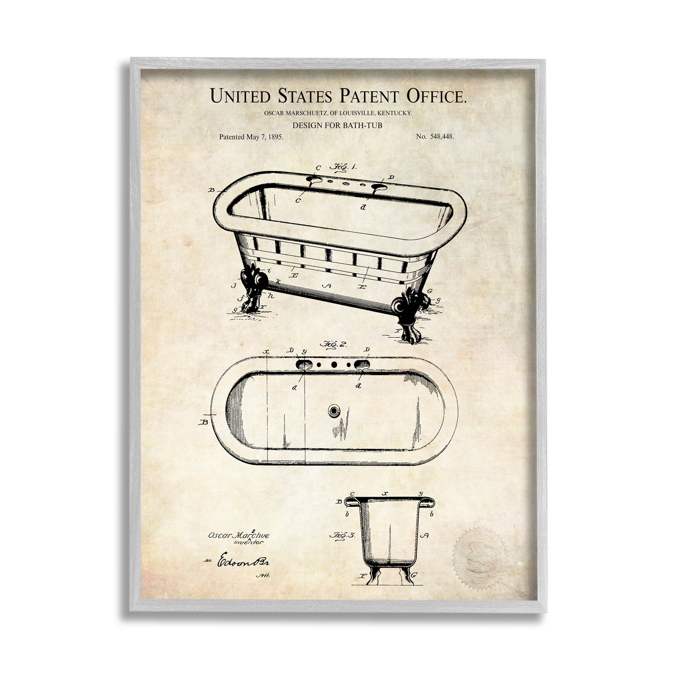 Stupell Industries Vintage Bathtub Patent Diagram Graphic Art Gray Framed Art Print Wall Art, Design by Karl Hronek
