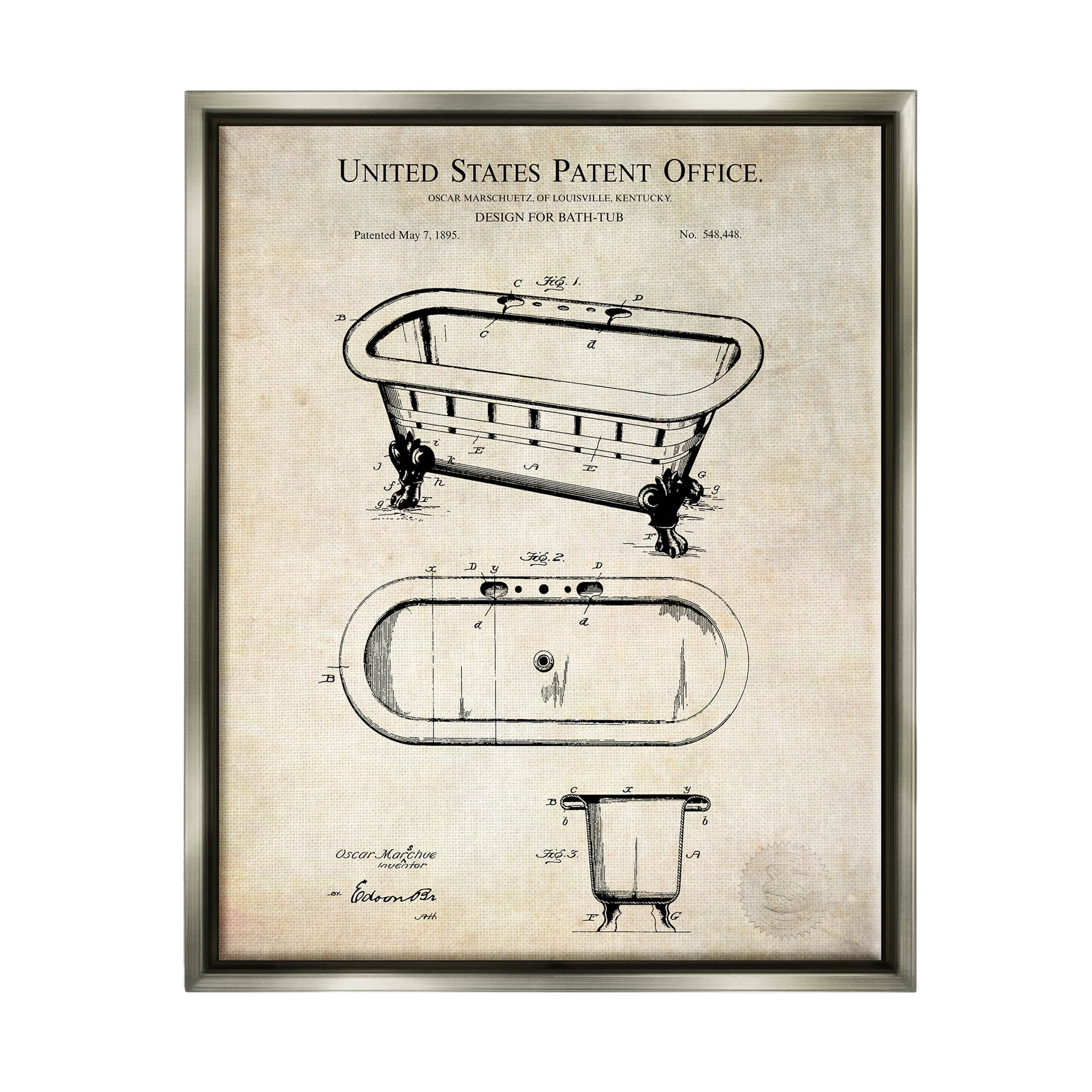 Stupell Industries Vintage Bathtub Patent Diagram Graphic Art Luster Gray Floating Framed Canvas Print Wall Art, Design by Karl Hronek