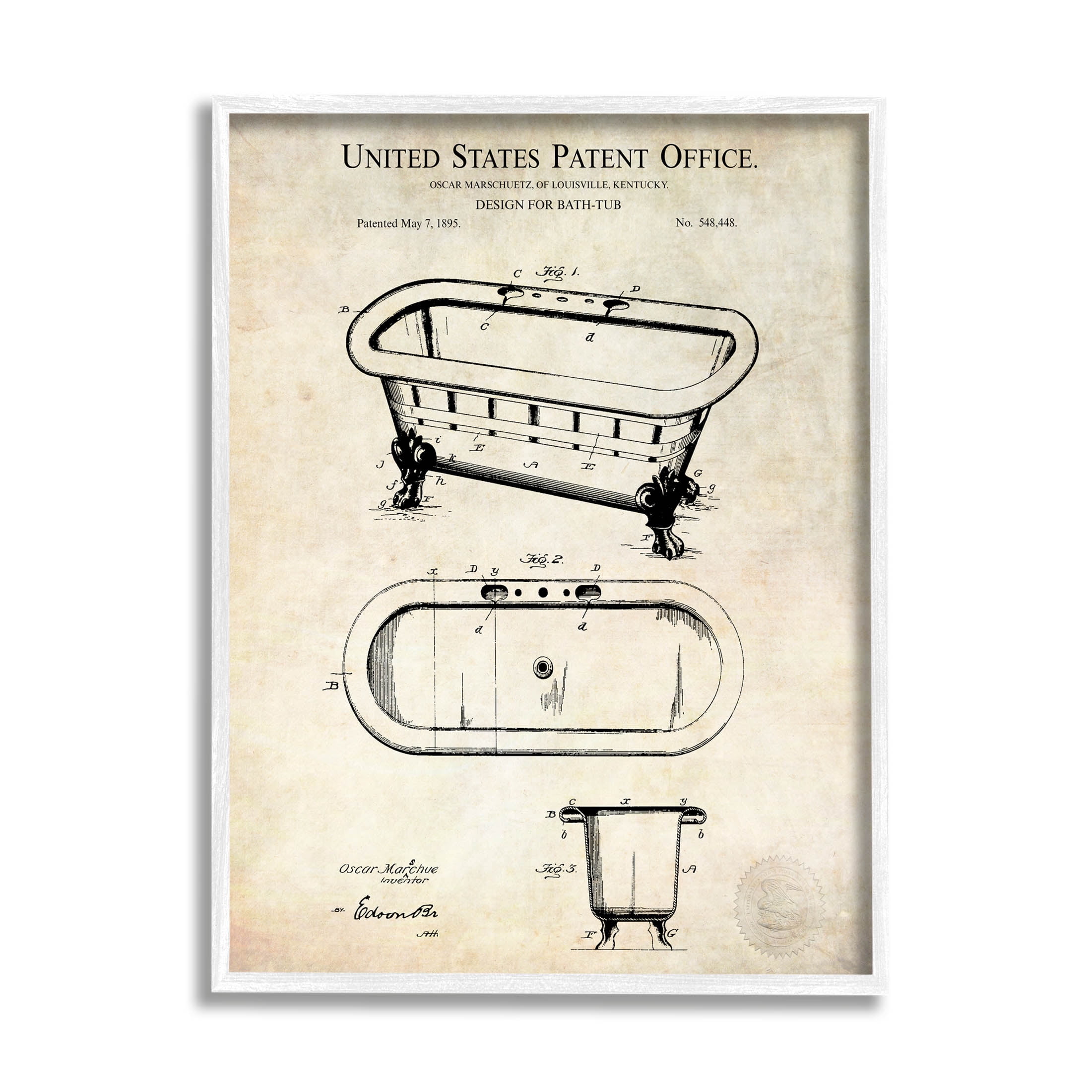 Stupell Industries Vintage Bathtub Patent Diagram Graphic Art White Framed Art Print Wall Art, Design by Karl Hronek