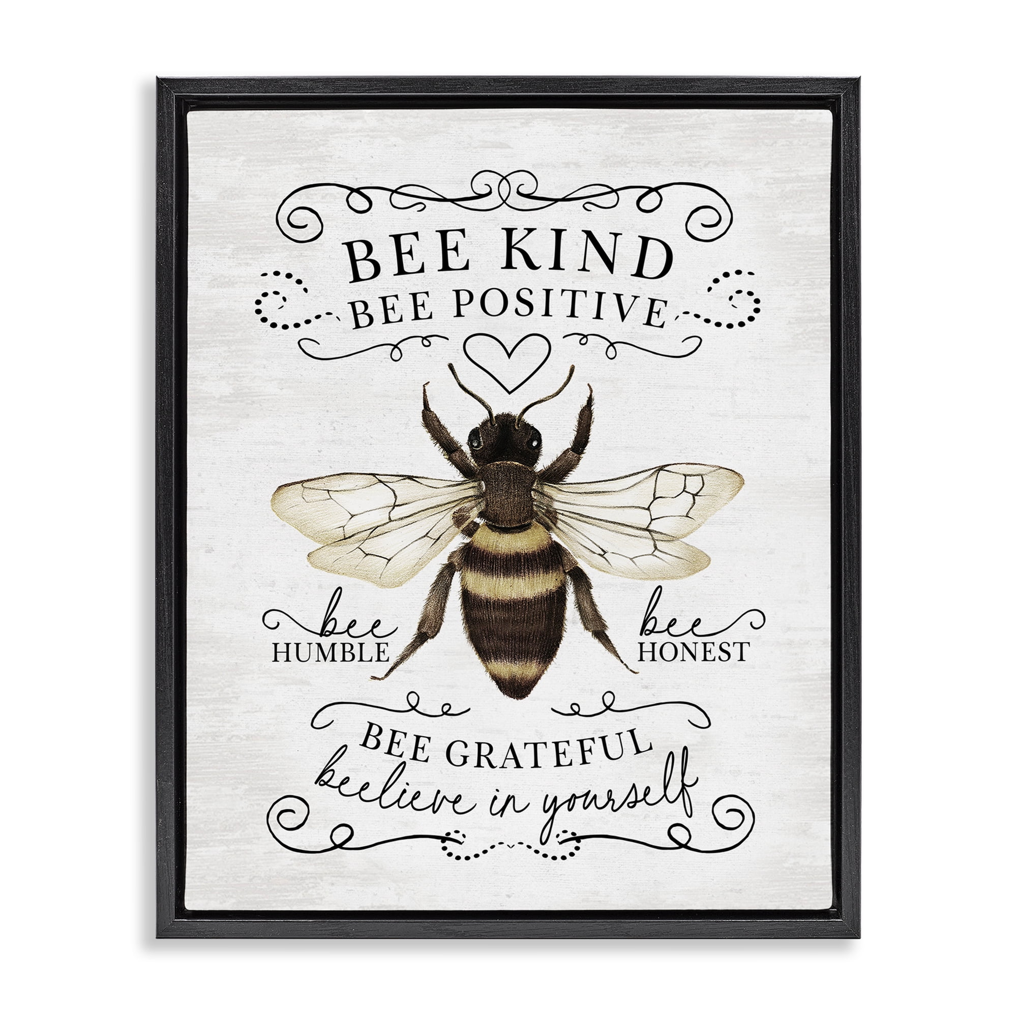 Stupell Industries Vintage Bee Phrases Animals & Insects Painting Black Floater Framed Canvas Art Print Wall Art, 17 x 21