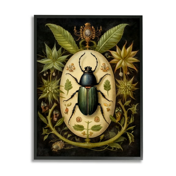 Stupell Industries Vintage Beetle & Botanicals Animals & Insects Painting Black Framed Art Print Wall Art, 11 x 14