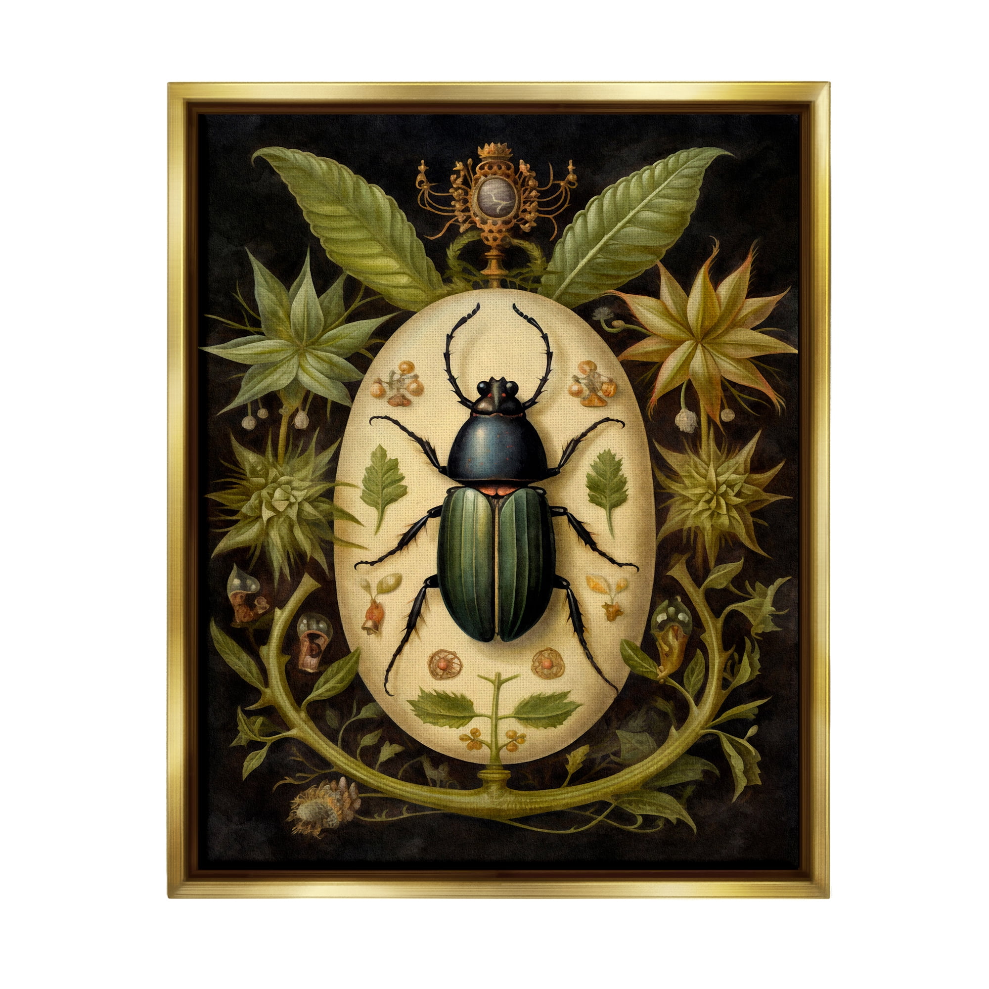 Stupell Industries Vintage Beetle & Botanicals Animals & Insects Painting Gold Floater Framed Canvas Art Print Wall Art, 25 x 31