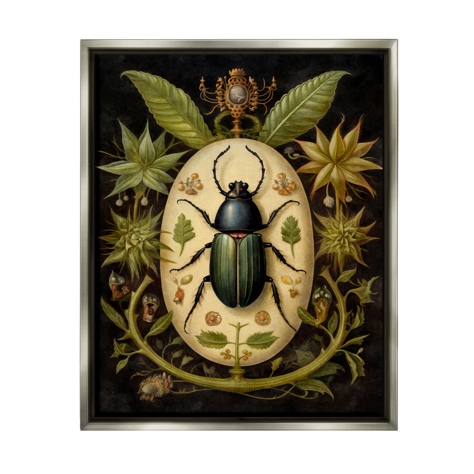 Stupell Industries Vintage Beetle & Botanicals Animals & Insects Painting Gray Floater Framed Canvas Art Print Wall Art, 25 x 31