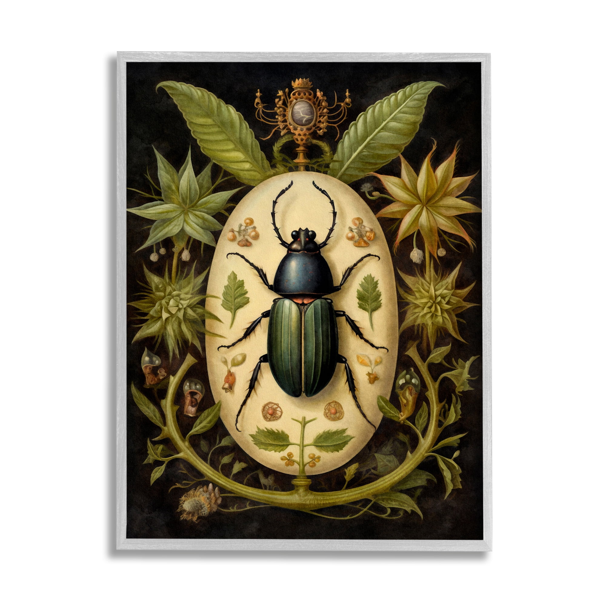 Stupell Industries Vintage Beetle & Botanicals Animals & Insects Painting Gray Framed Art Print Wall Art, 16 x 20