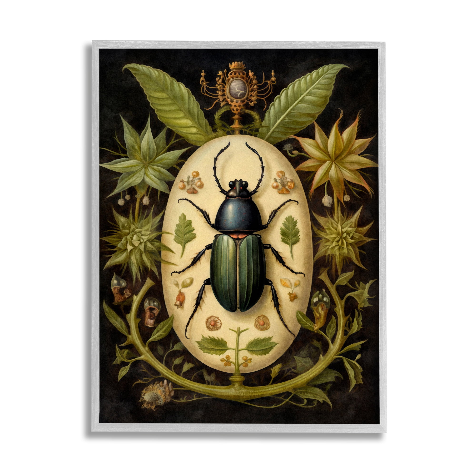 Stupell Industries Vintage Beetle & Botanicals Animals & Insects Painting Gray Framed Art Print Wall Art, 24 x 30