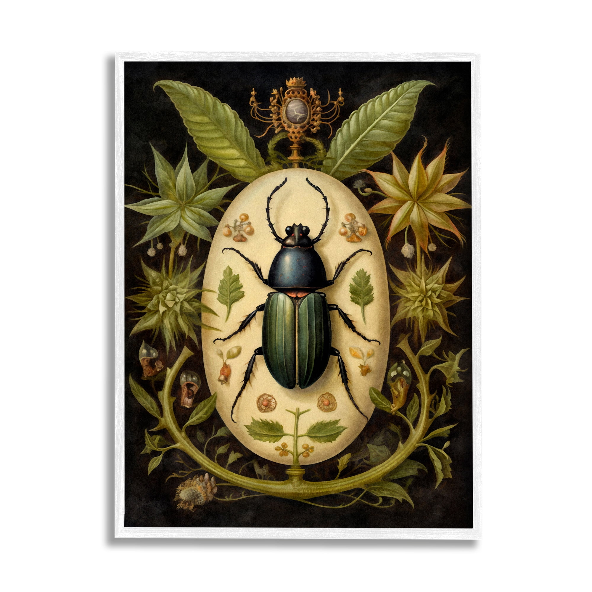 Stupell Industries Vintage Beetle & Botanicals Animals & Insects Painting White Framed Art Print Wall Art, 11 x 14
