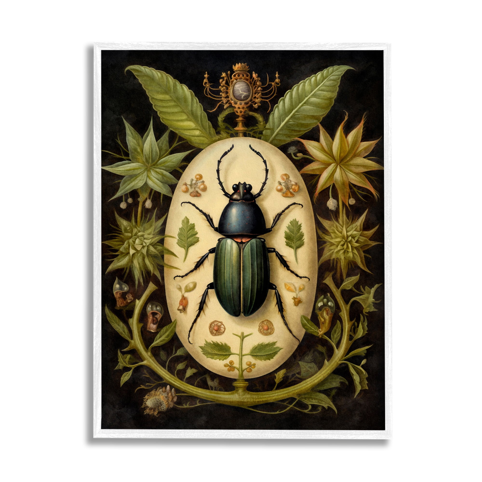 Stupell Industries Vintage Beetle & Botanicals Animals & Insects Painting White Framed Art Print Wall Art, 24 x 30