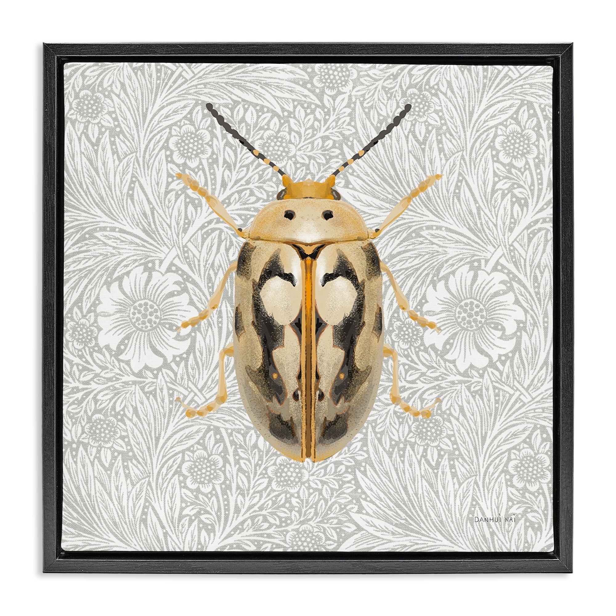 Stupell Industries Vintage Beetle Floral Pattern Animals & Insects Painting Black Floater Framed Canvas Art Print Wall Art, 18 x 18