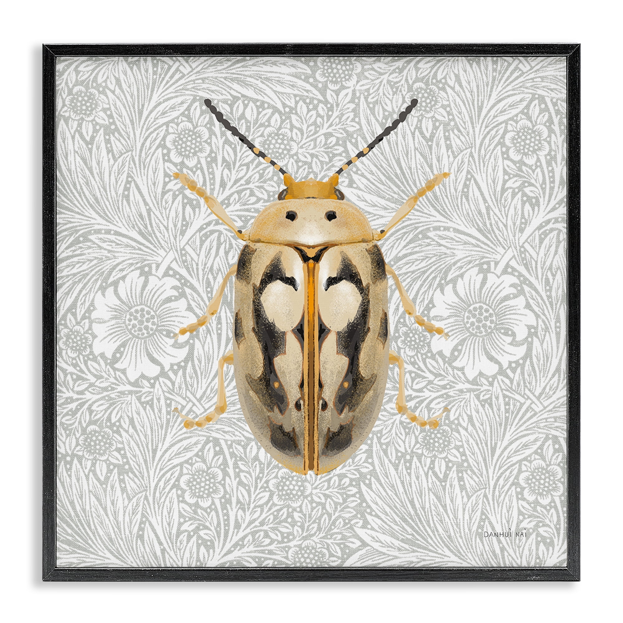 Stupell Industries Vintage Beetle Floral Pattern Animals & Insects Painting Black Framed Art Print Wall Art, 24 x 24