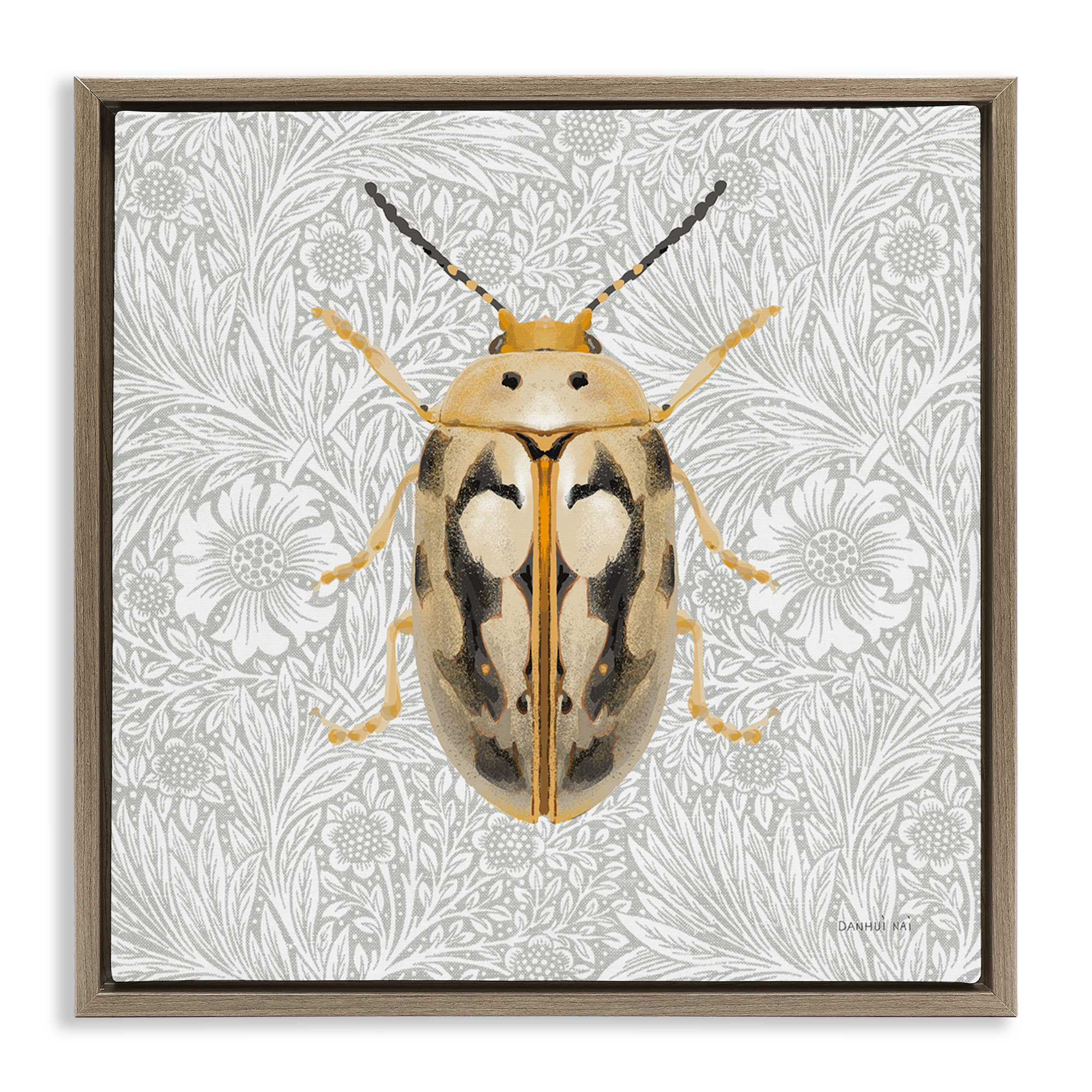 Stupell Industries Vintage Beetle Floral Pattern Animals & Insects Painting Brown Floater Framed Canvas Art Print Wall Art, 18 x 18