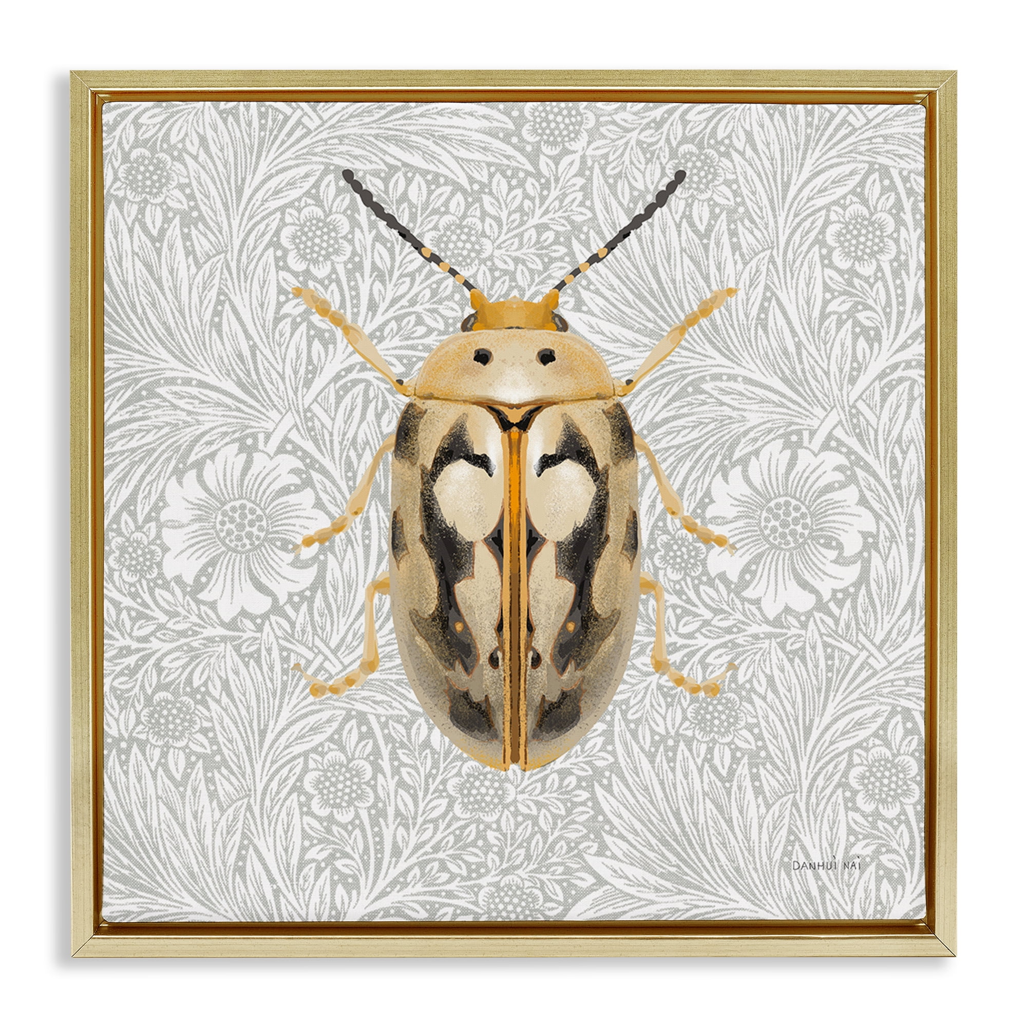 Stupell Industries Vintage Beetle Floral Pattern Animals & Insects Painting Gold Floater Framed Canvas Art Print Wall Art, 18 x 18