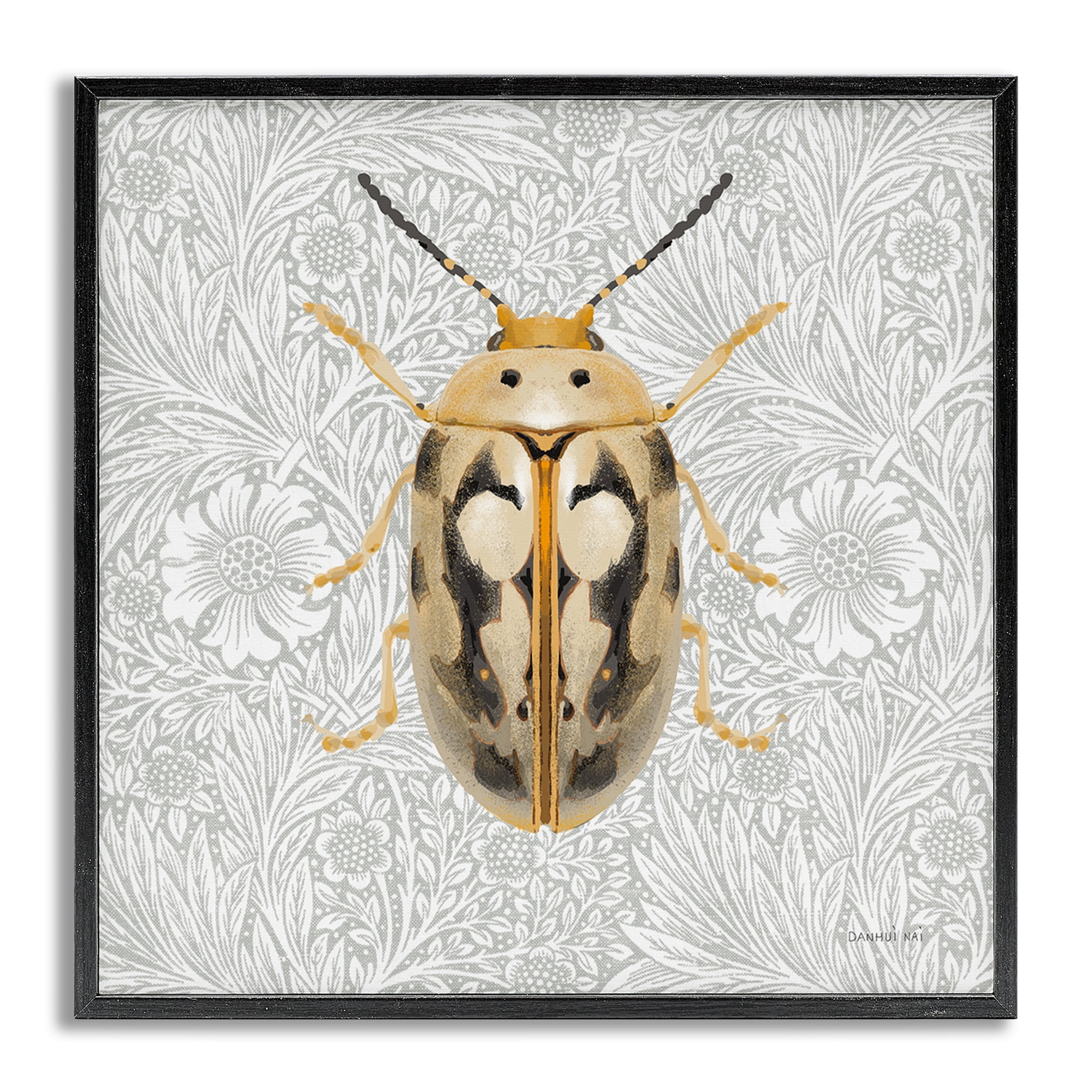 Stupell Industries Vintage Beetle Floral Pattern Animals & Insects Painting Gray Framed Art Print Wall Art, 12 x 12