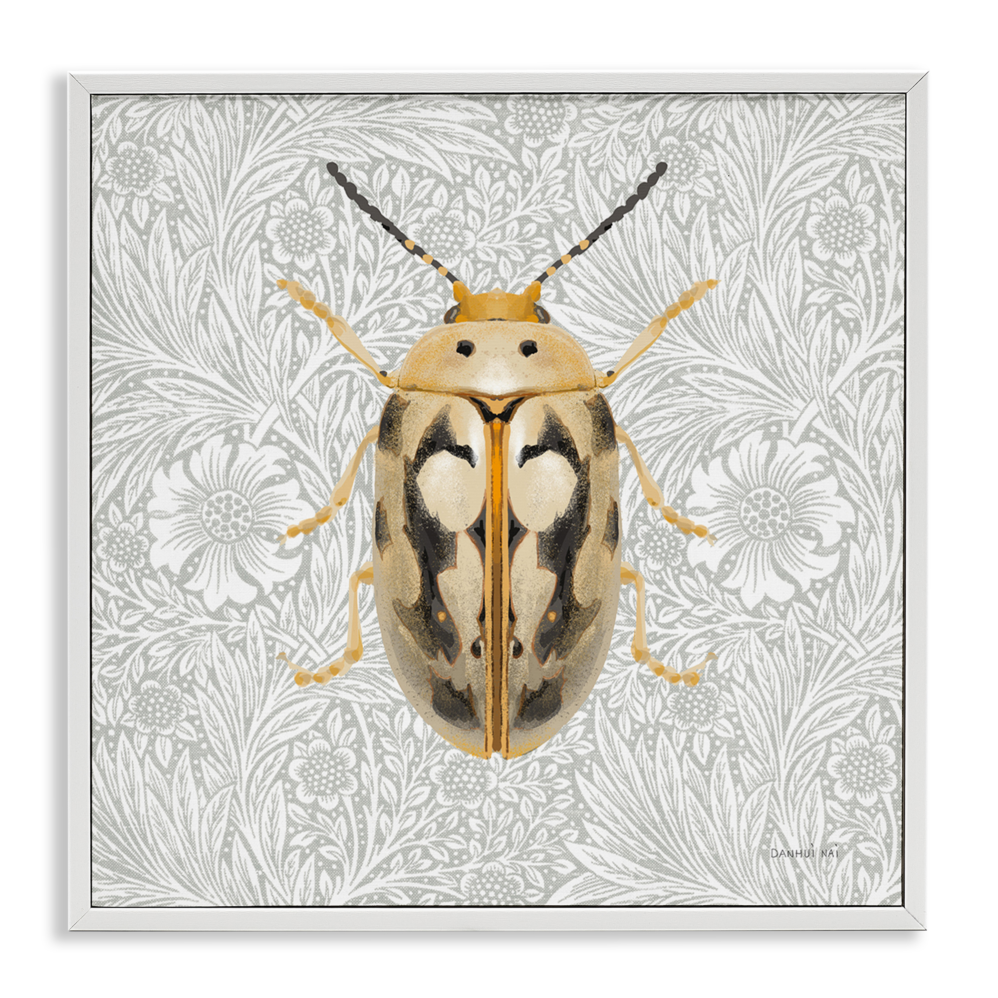 Stupell Industries Vintage Beetle Floral Pattern Animals & Insects Painting White Framed Art Print Wall Art, 24 x 24