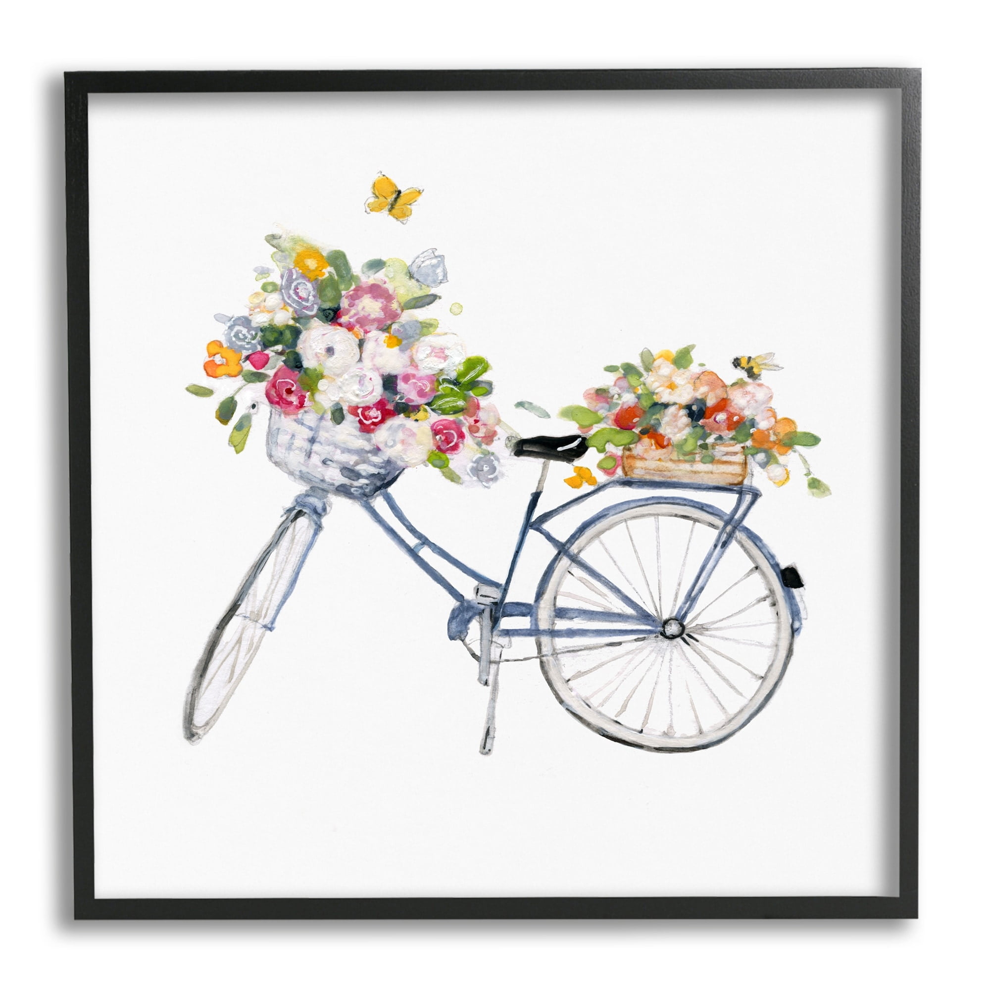 Stupell Industries Vintage Bicycle Flower Bouquet Baskets Butterflies Paintings Black Framed Art Print Wall Art, 24x24, by Sally Swatland